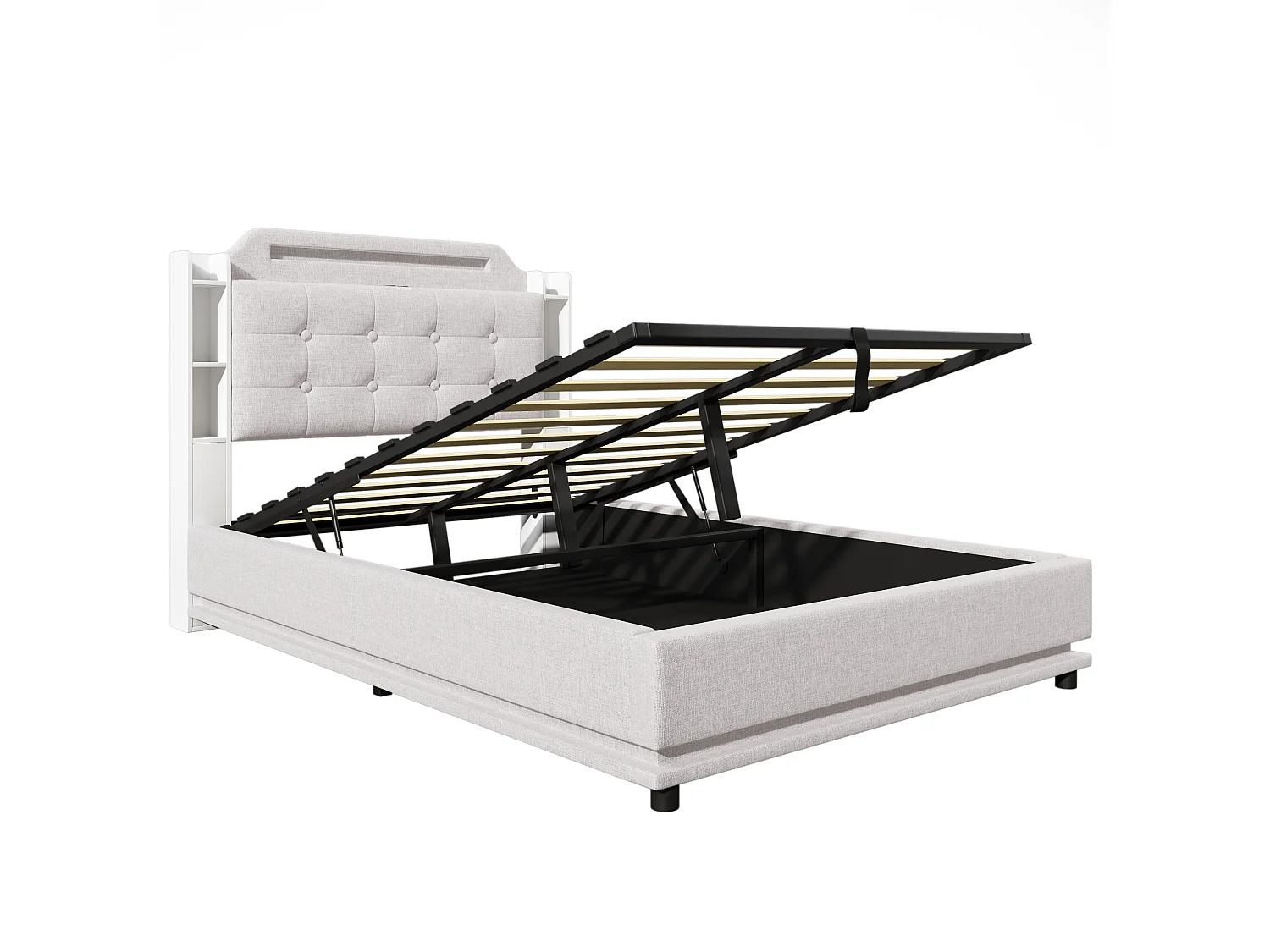 Lit coffre en lin beige 140x200cm avec éclairage LED et rangements (sans matelas)