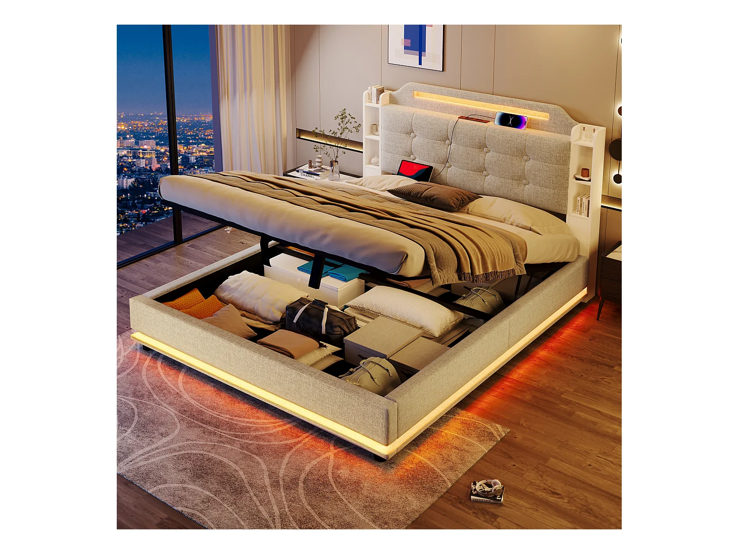 Lit coffre en lin beige 140x200cm avec éclairage LED et rangements (sans matelas)