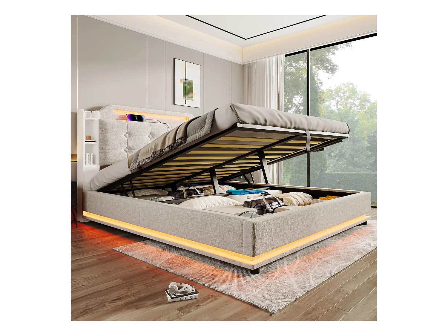 Lit coffre en lin beige 140x200cm avec éclairage LED et rangements (sans matelas)