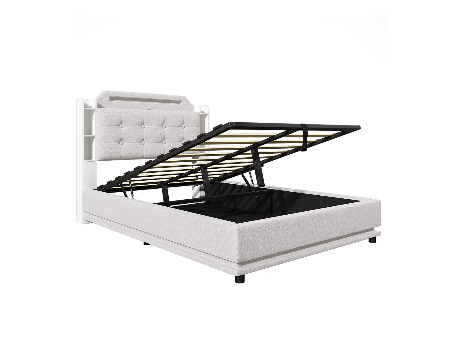 Lit coffre en lin beige 140x200cm avec éclairage LED et rangements (sans matelas)