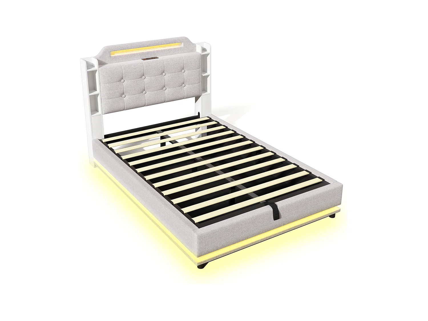 Lit coffre en lin beige 140x200cm avec éclairage LED et rangements (sans matelas)