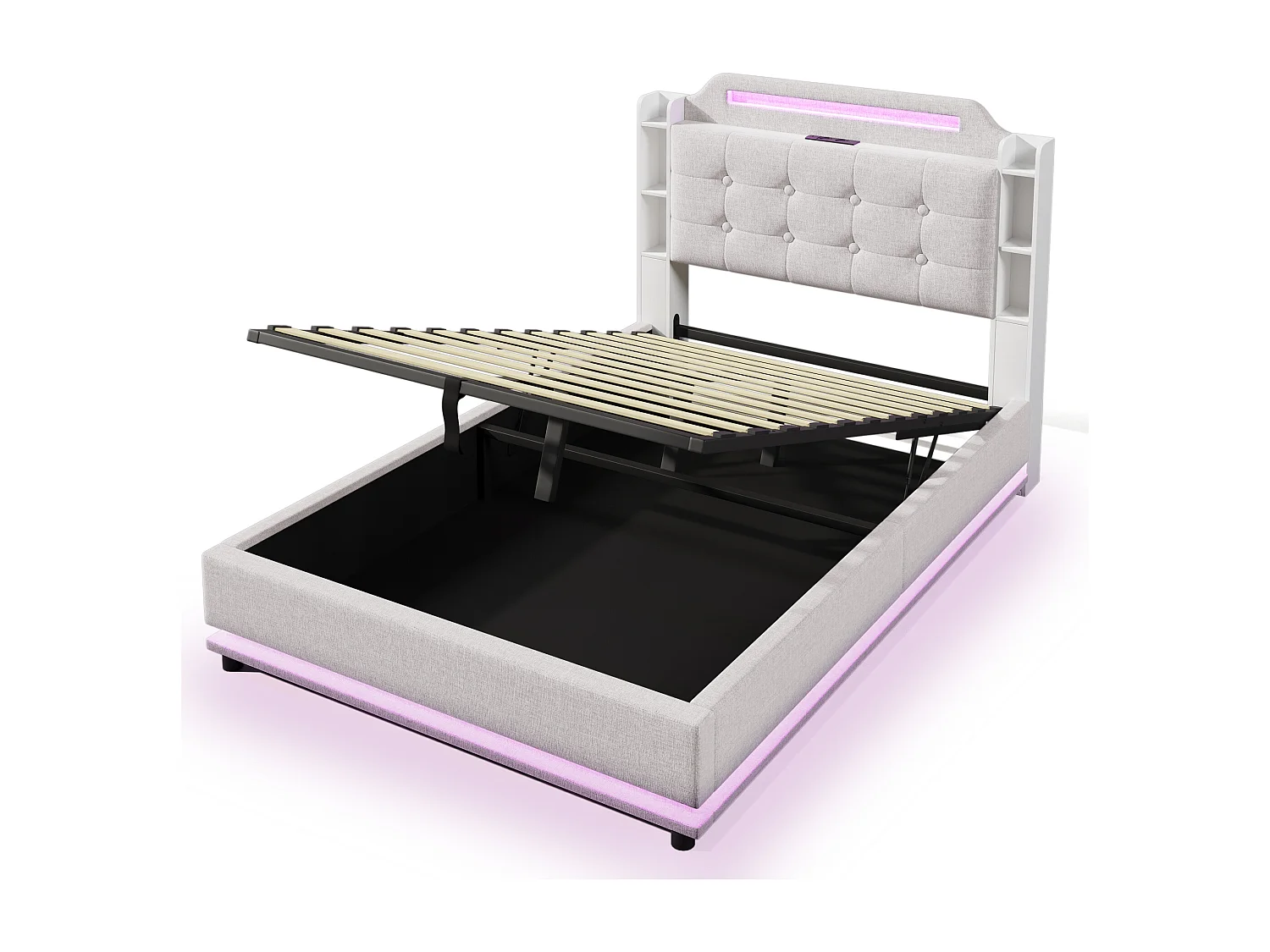 Lit coffre en lin beige 140x200cm avec éclairage LED et rangements (sans matelas)