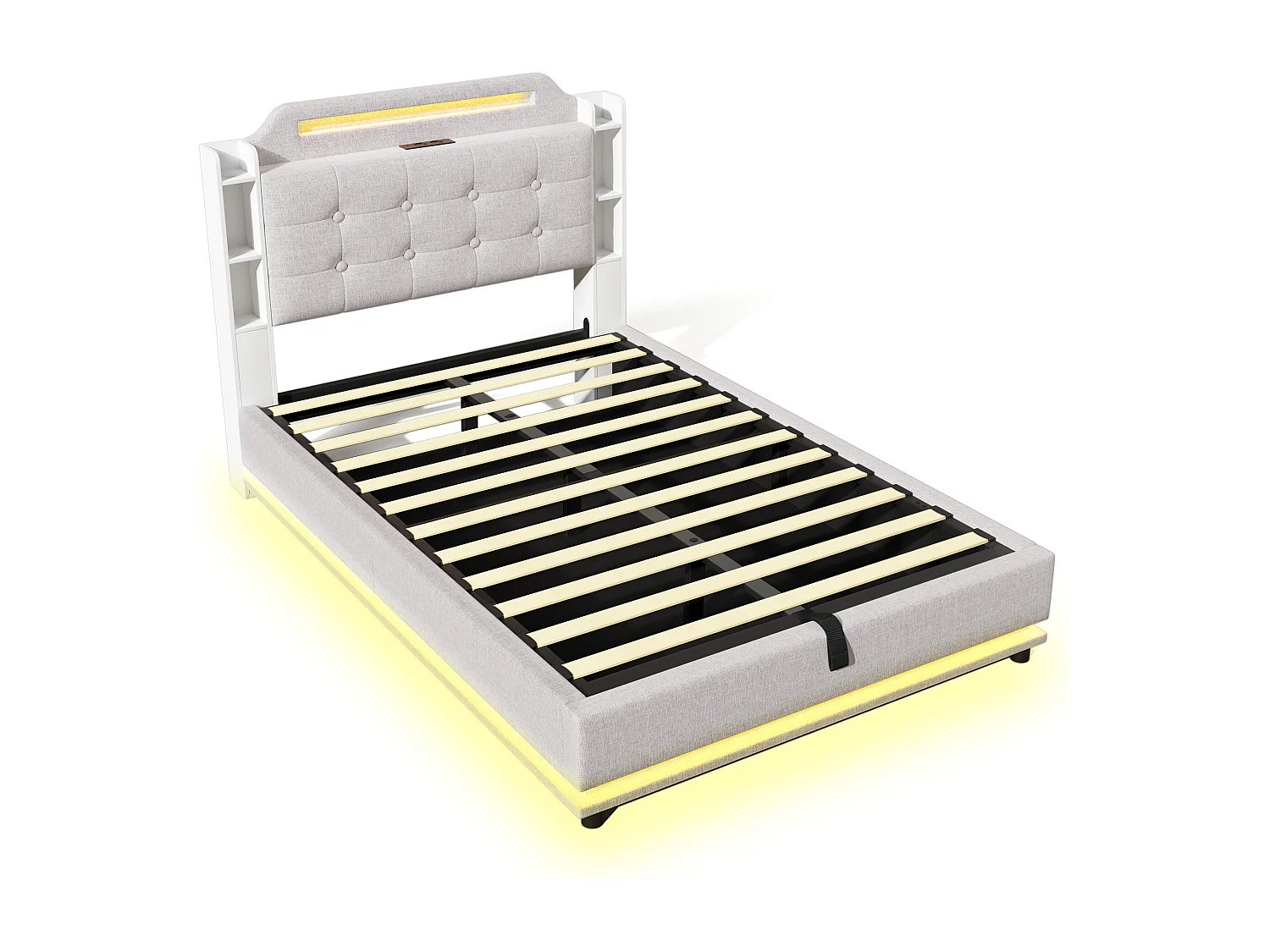 Lit coffre en lin beige 140x200cm avec éclairage LED et rangements (sans matelas)