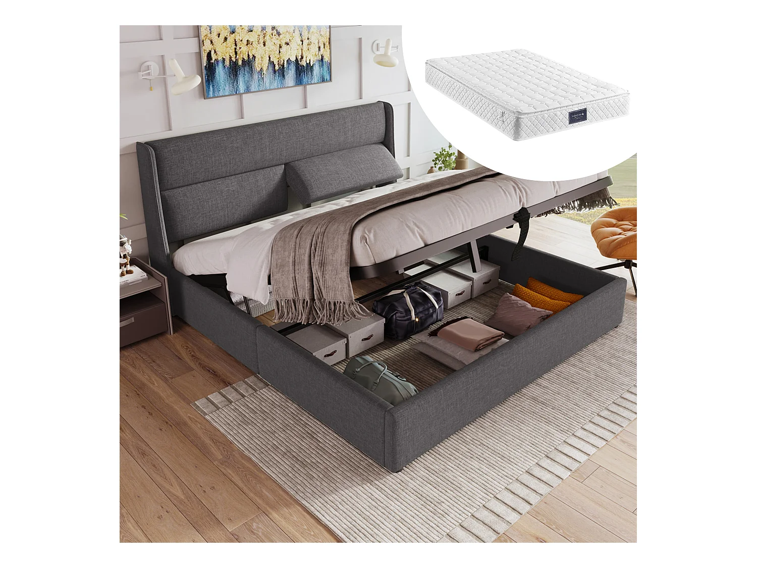 Lit coffre double rembourré - 140 x 200 cm - avec appuis-tête réglables - avec matelas - lin - gris