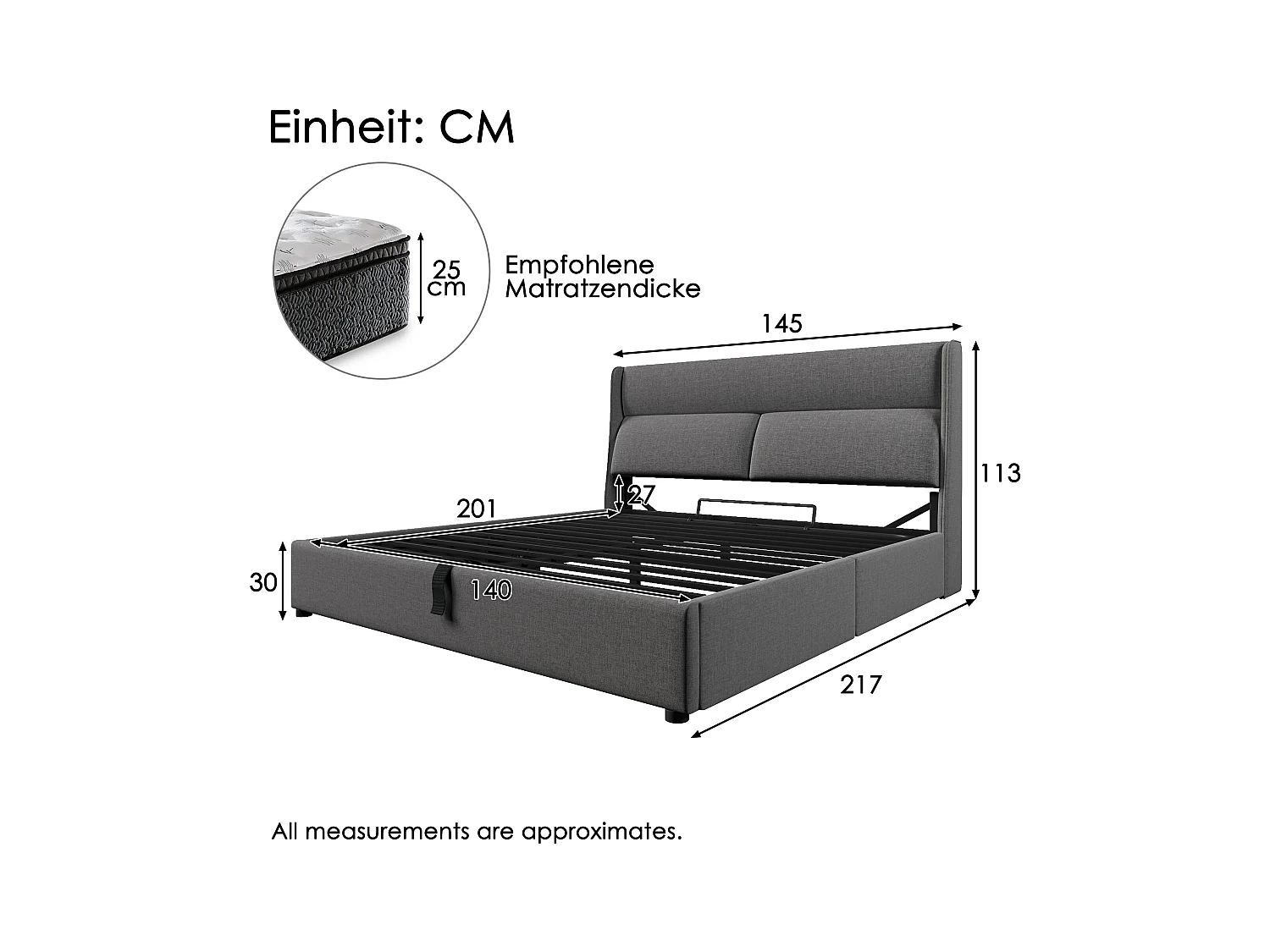 Lit coffre double rembourré - 140 x 200 cm - avec appuis-tête réglables - avec matelas - lin - gris