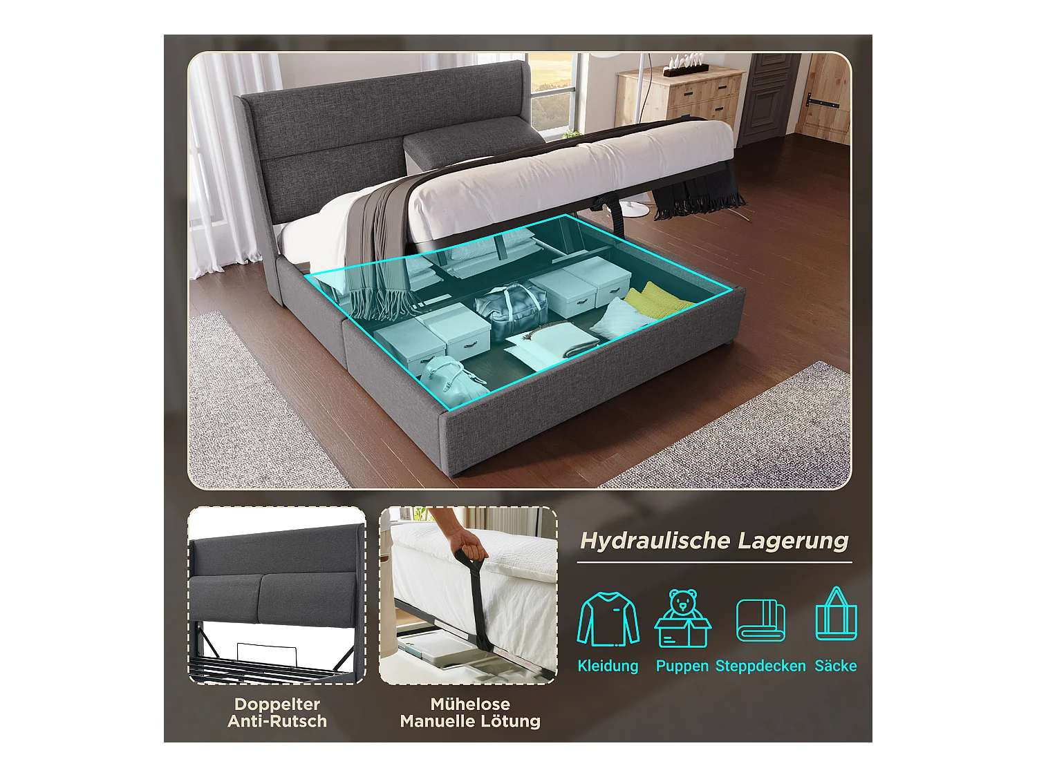 Lit coffre double rembourré - 140 x 200 cm - avec appuis-tête réglables - avec matelas - lin - gris