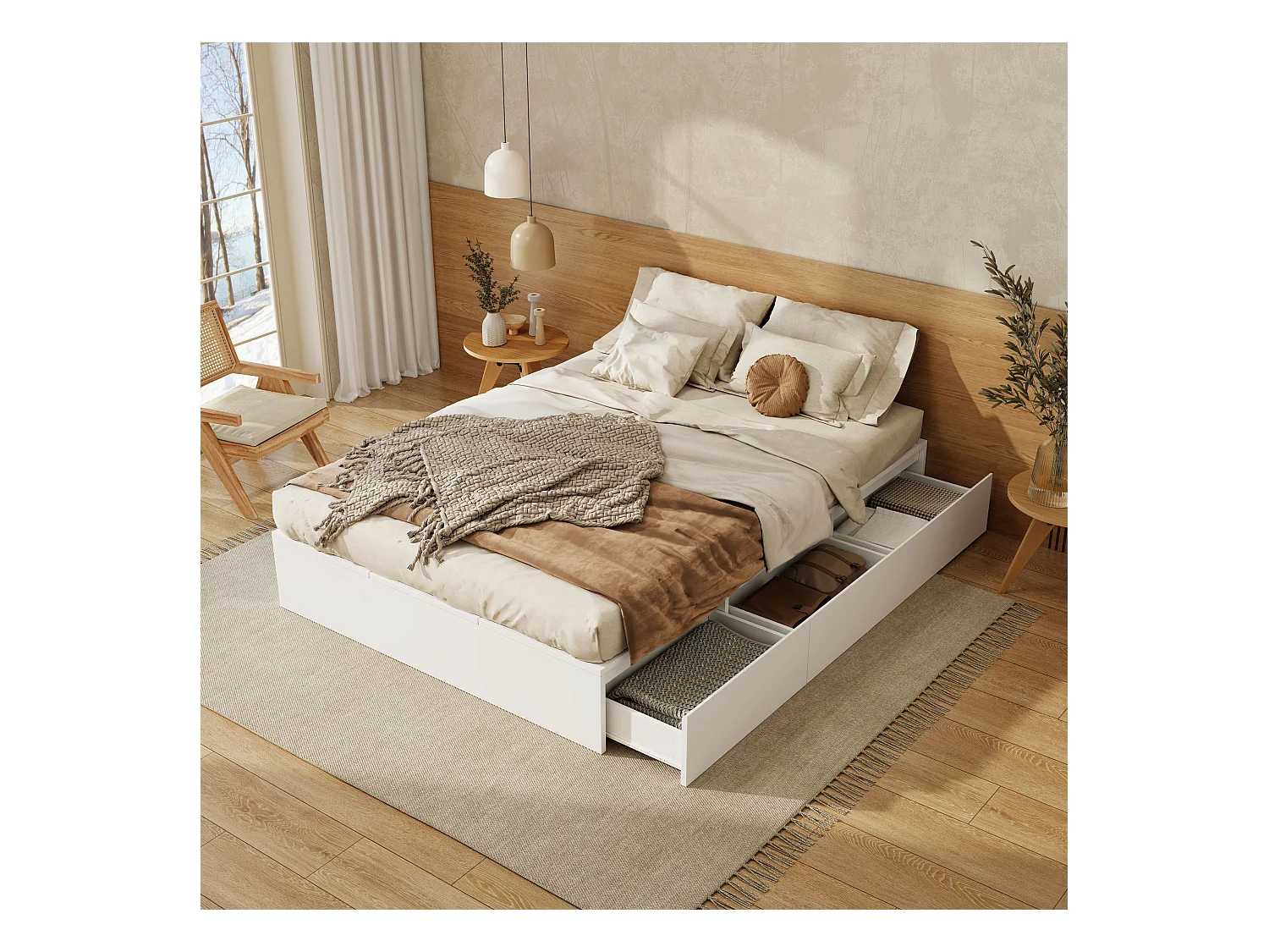 Lit coffre double - 140 x 200 cm - avec rangement sous le lit + tiroirs - MDF - blanc