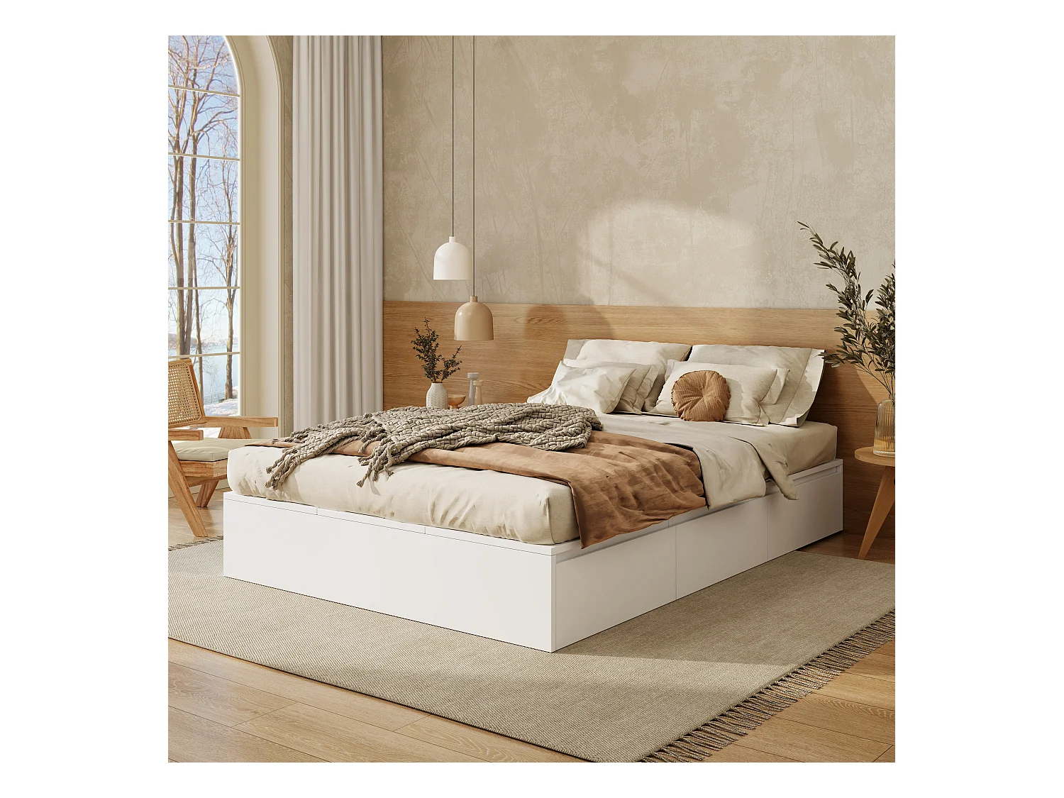 Lit coffre double - 140 x 200 cm - avec rangement sous le lit + tiroirs - MDF - blanc