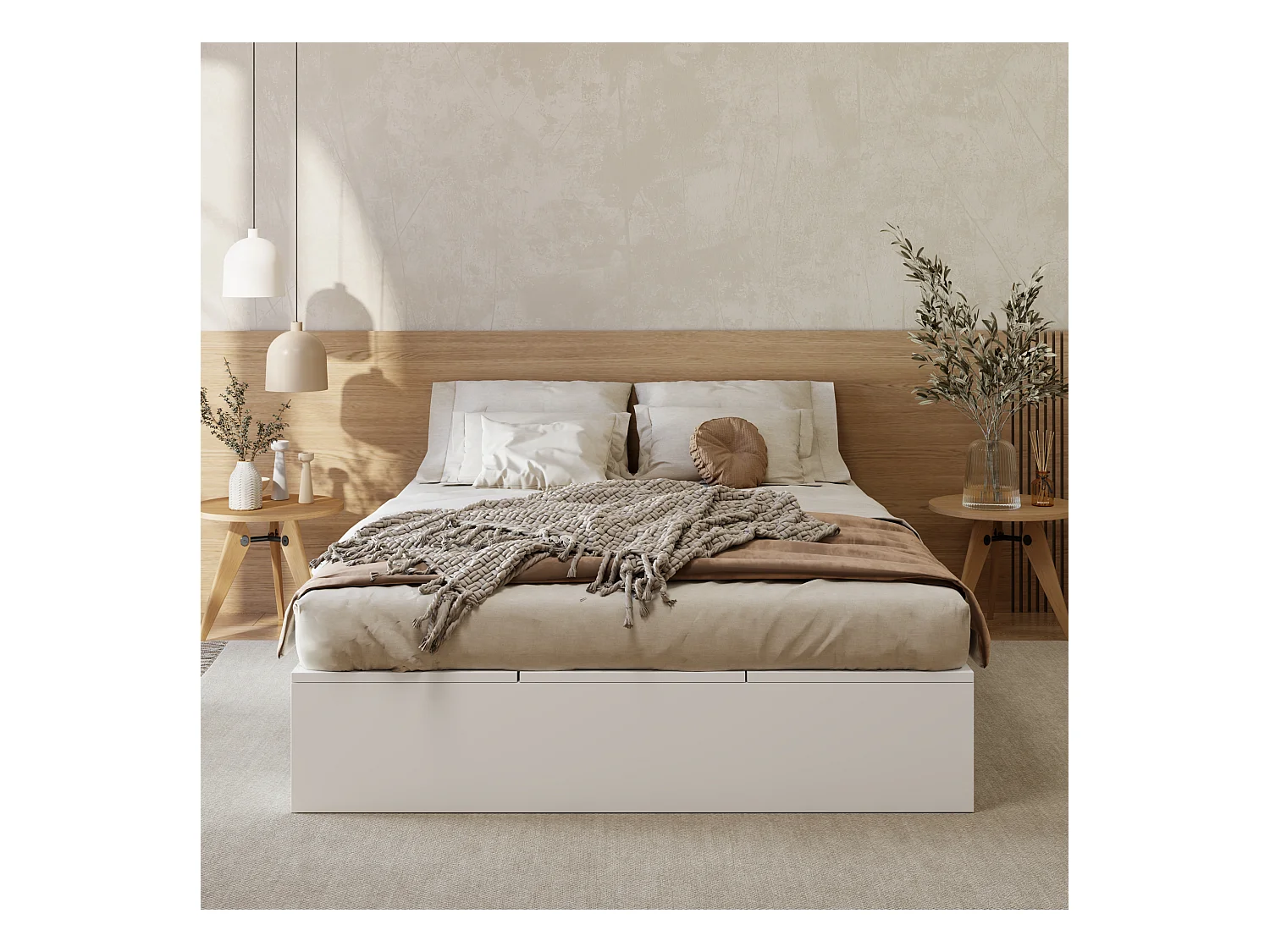 Lit coffre double - 140 x 200 cm - avec rangement sous le lit + tiroirs - MDF - blanc