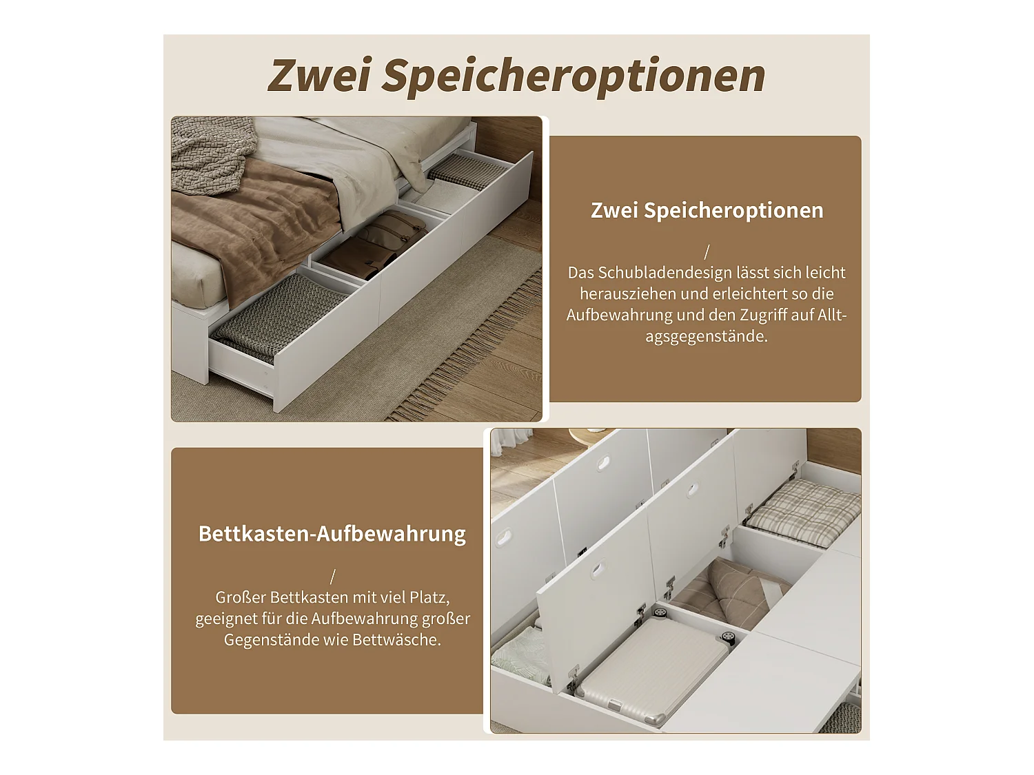 Lit coffre double - 140 x 200 cm - avec rangement sous le lit + tiroirs - MDF - blanc