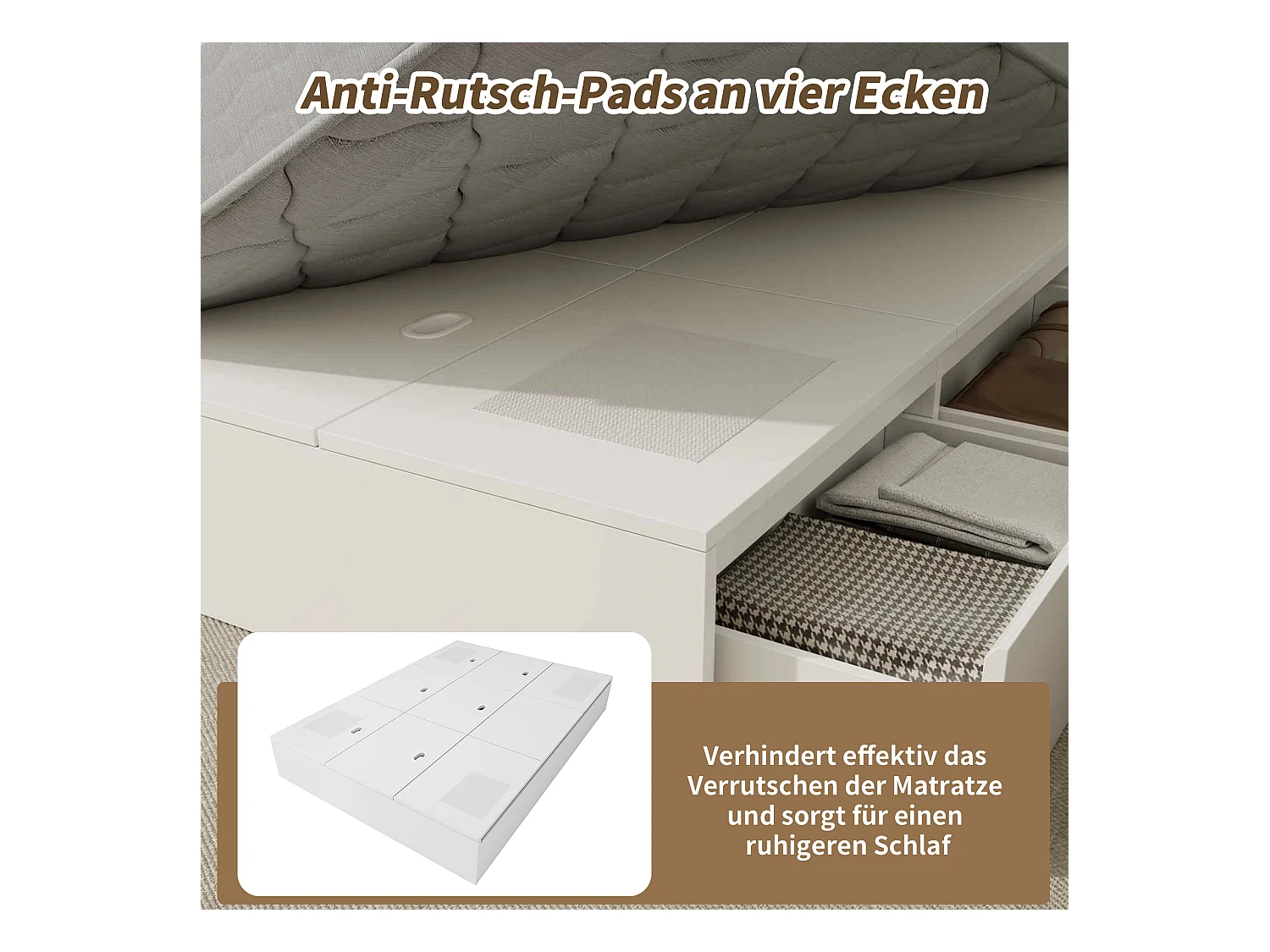 Lit coffre double - 140 x 200 cm - avec rangement sous le lit + tiroirs - MDF - blanc