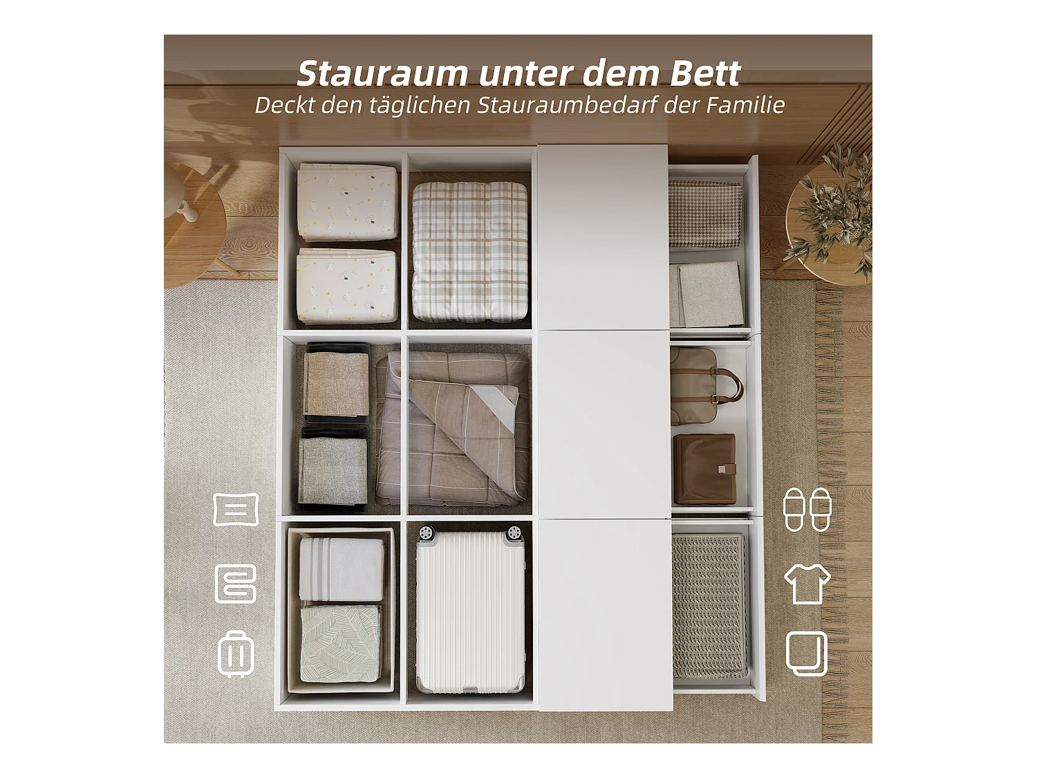 Lit coffre double - 140 x 200 cm - avec rangement sous le lit + tiroirs - MDF - blanc