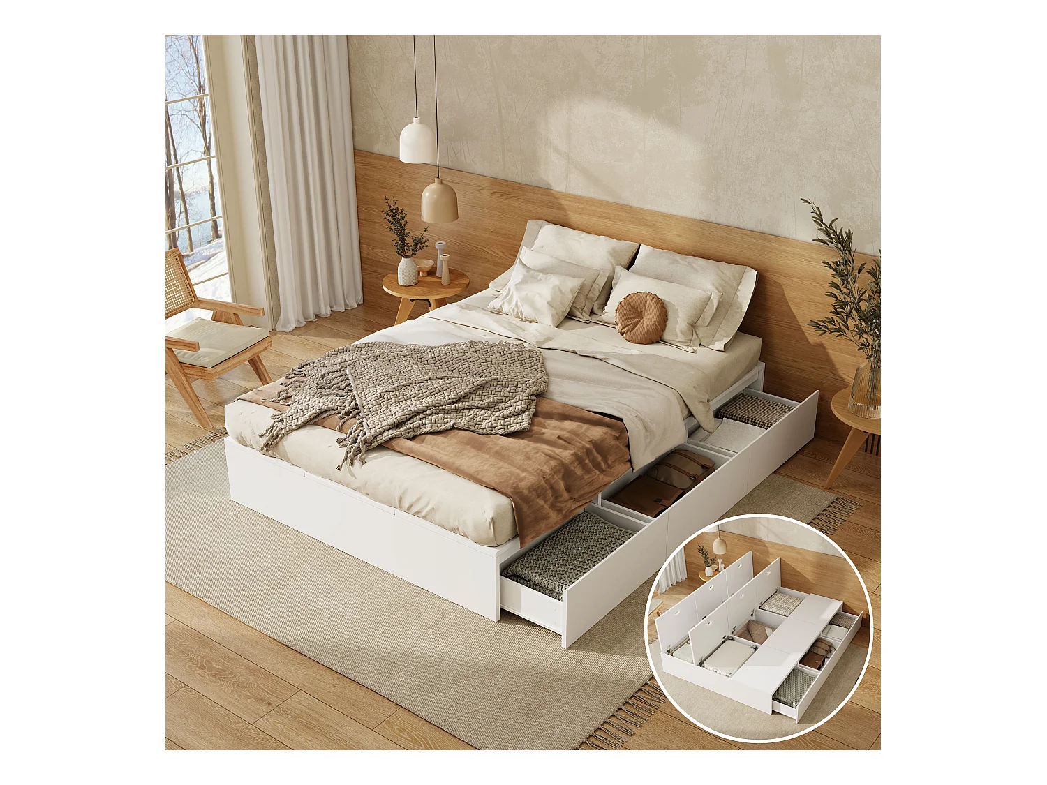 Doppelbett mit Stauraum – 140 x 200 cm – mit Stauraum unter dem Bett + Schubladen – MDF – weiß