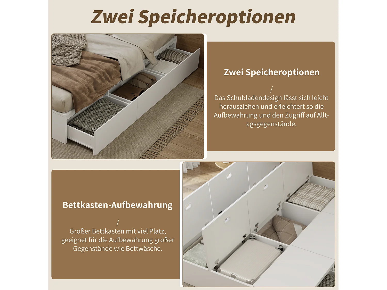 Lit coffre double - 140 x 200 cm - avec rangement sous le lit + tiroirs - MDF - blanc