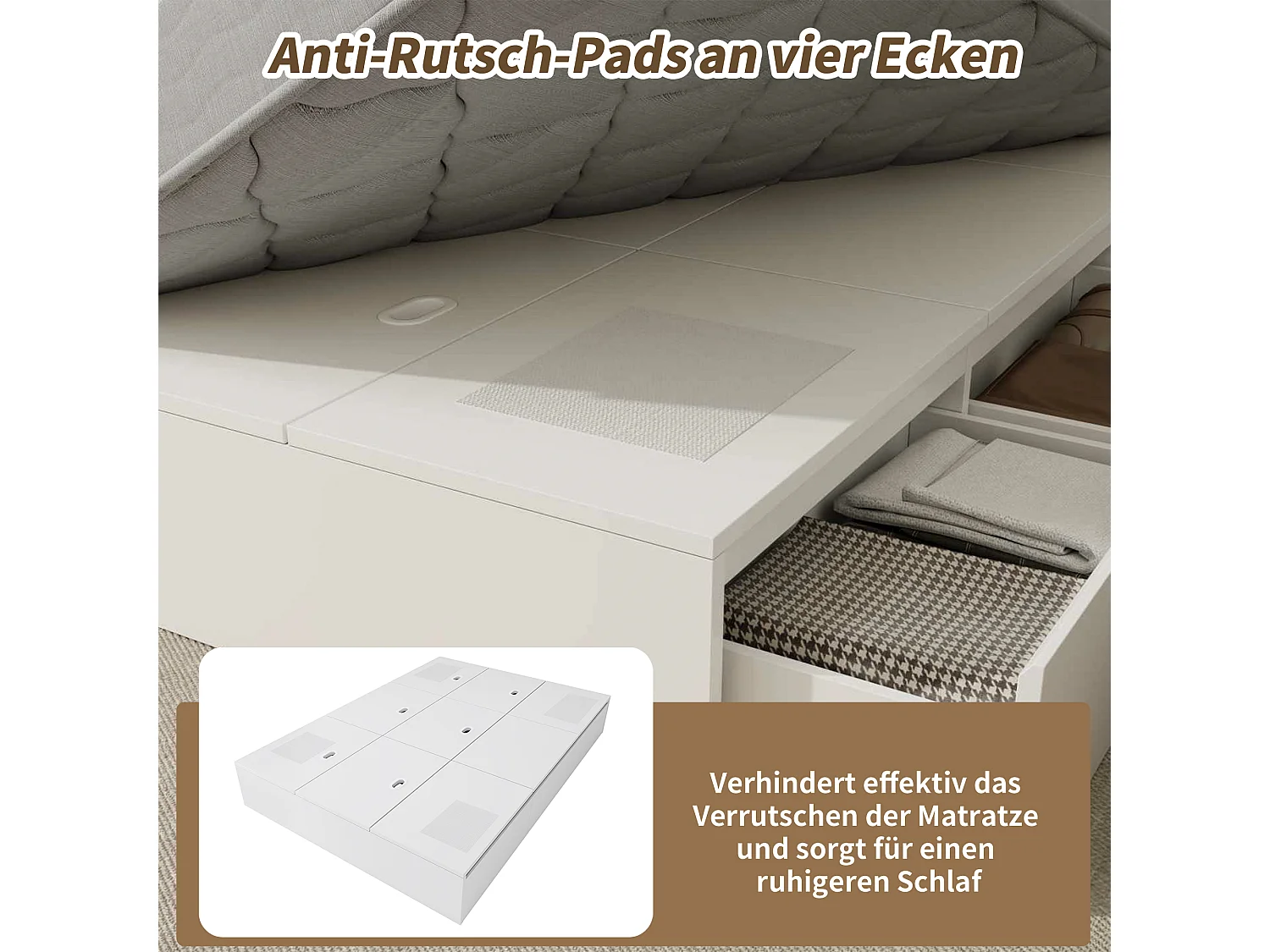 Lit coffre double - 140 x 200 cm - avec rangement sous le lit + tiroirs - MDF - blanc