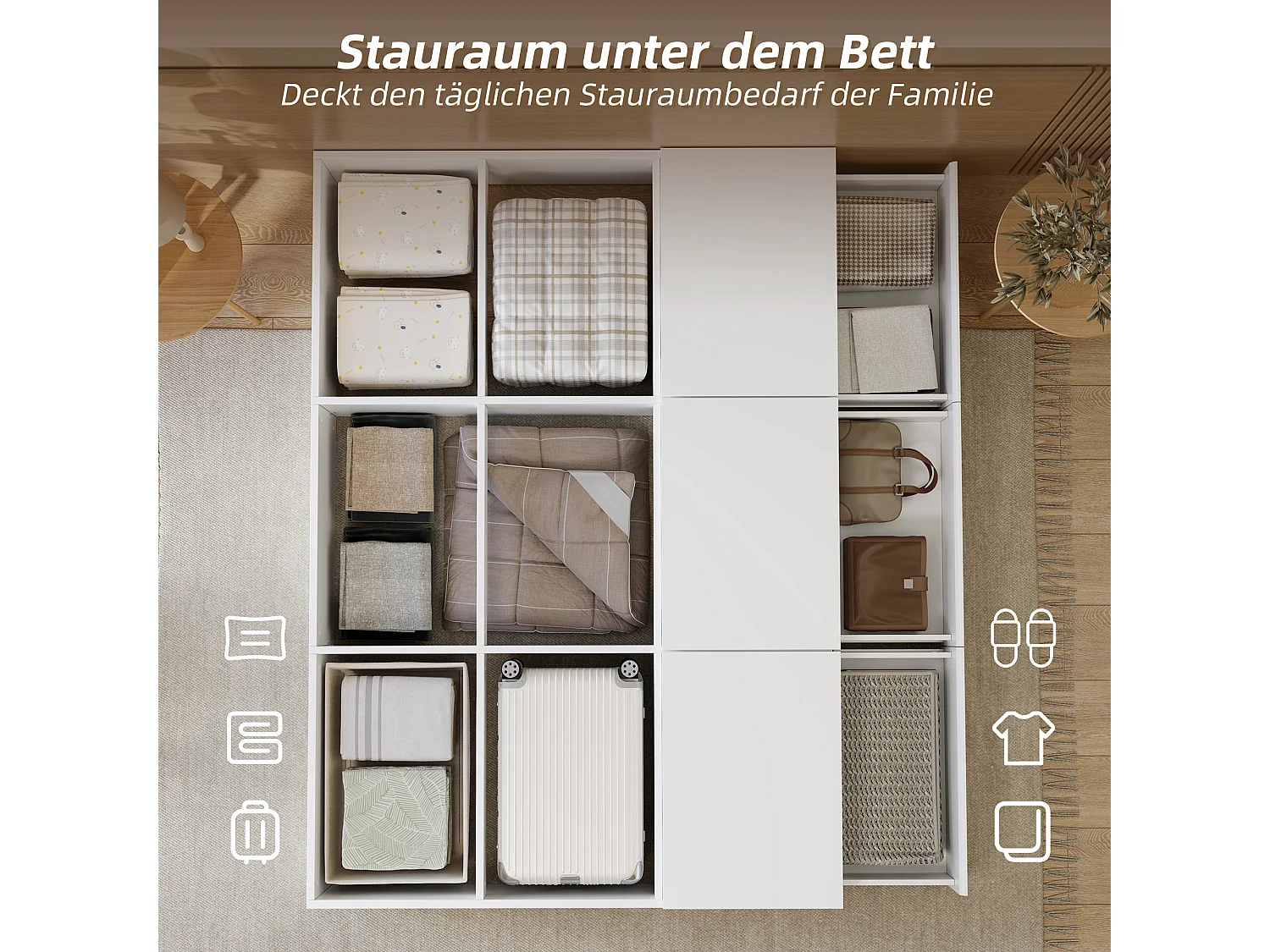 Lit coffre double - 140 x 200 cm - avec rangement sous le lit + tiroirs - MDF - blanc