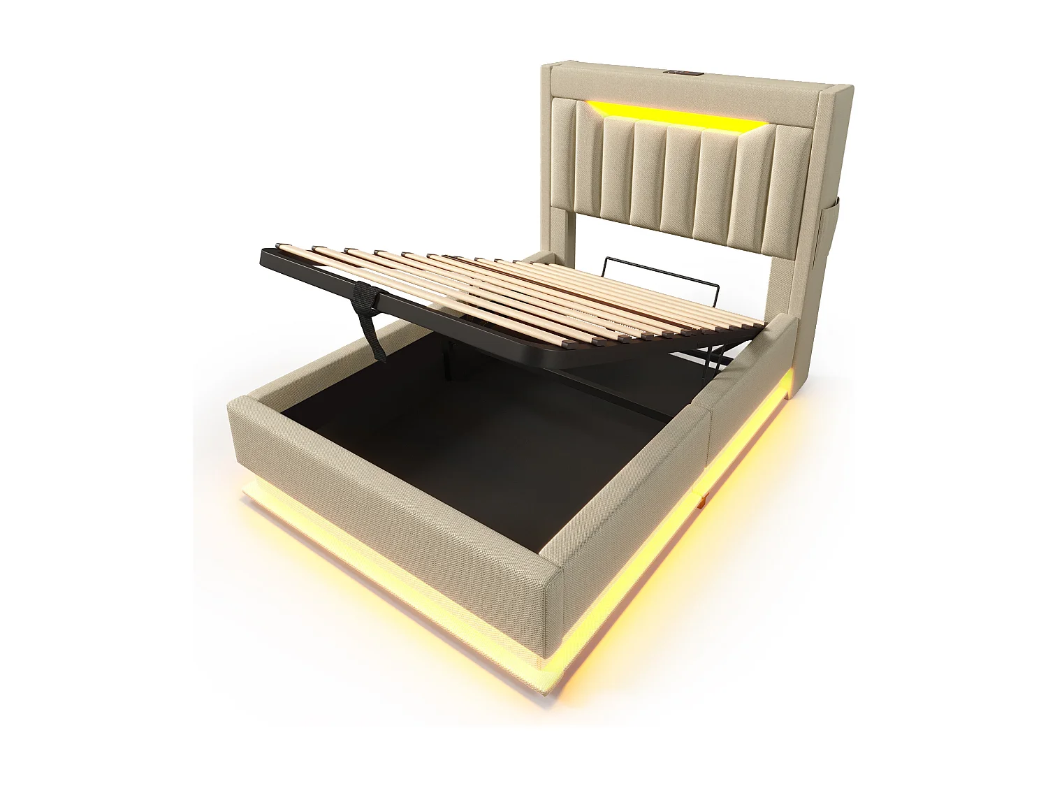 Letto contenitore in lino beige 90x200 cm con porte USB e Type-C, illuminazione a LED e materasso