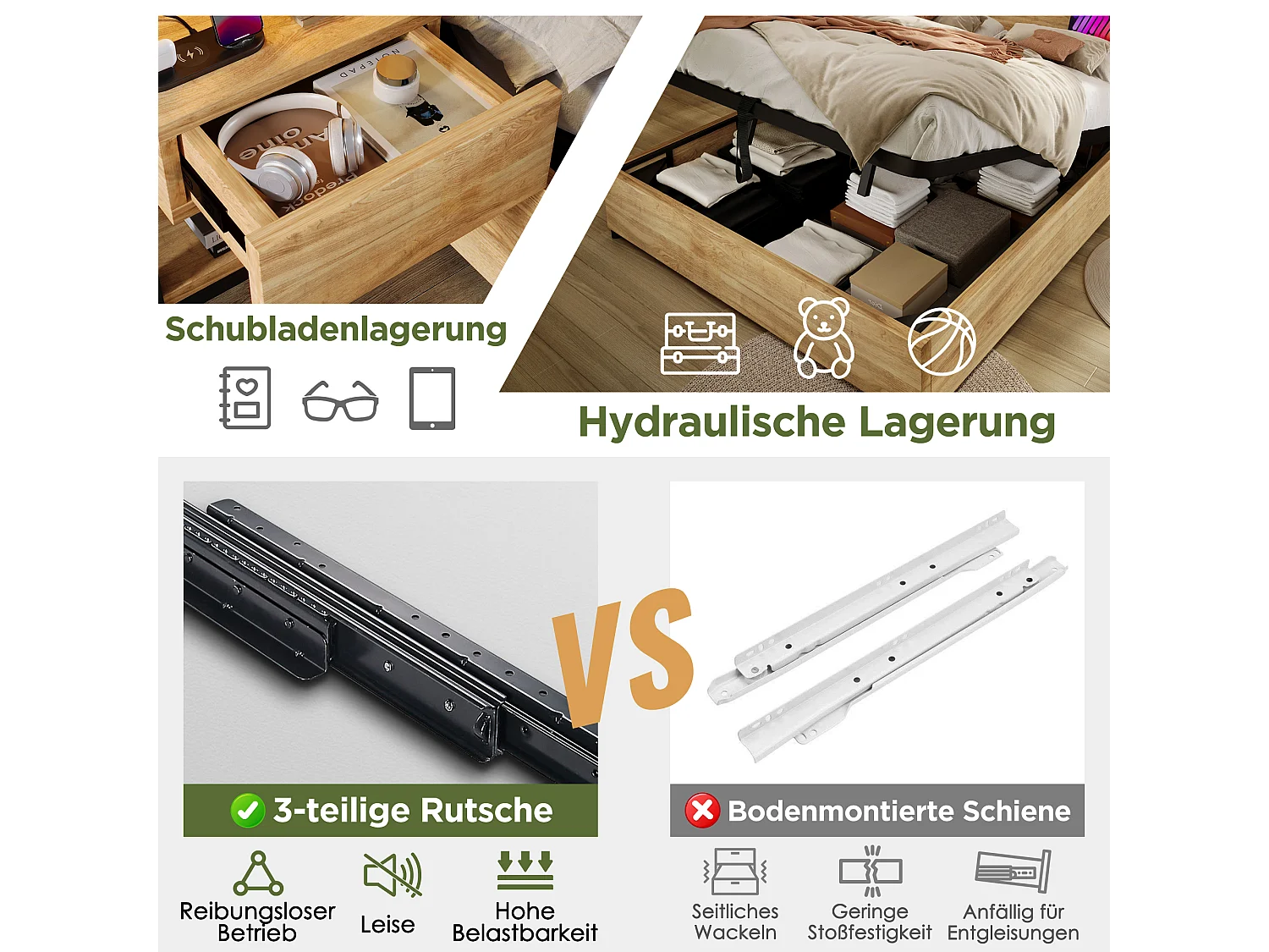 Doppelbett aus Holz mit Stauraum - 160 x 200 cm - Kopfteil mit 2 Schubladen + USB - MDF + Metall - Natur