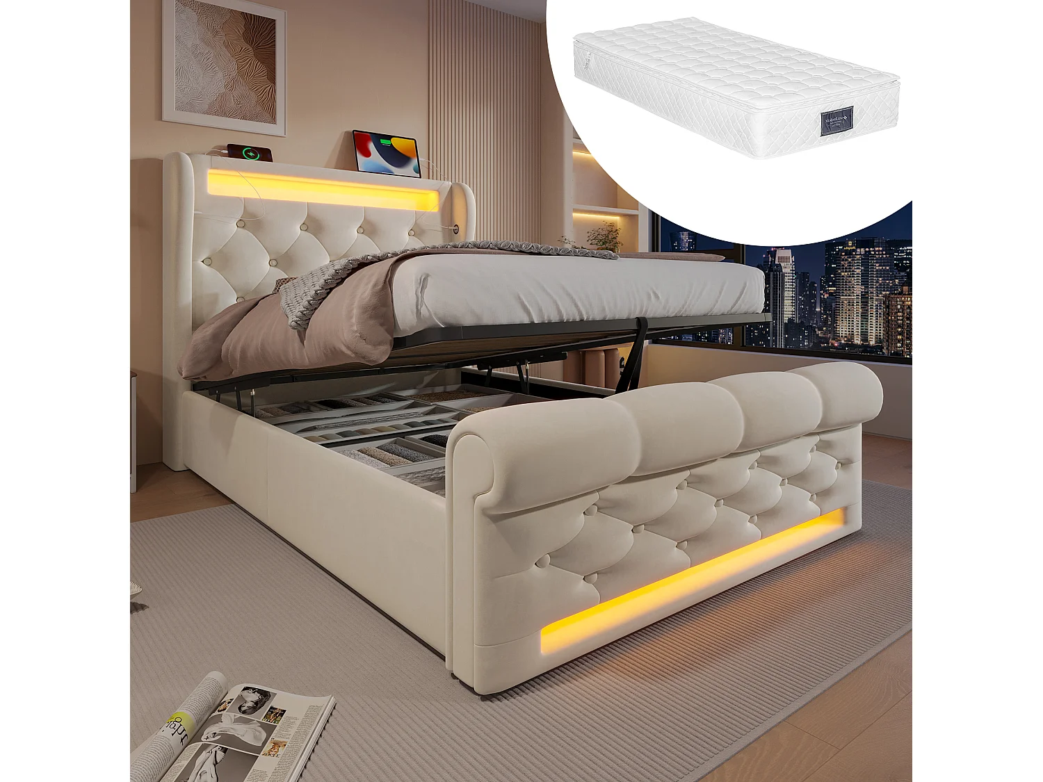 Letto contenitore in velluto beige 90x200cm con illuminazione a LED, porte USB e Type-C, contenitore idraulico