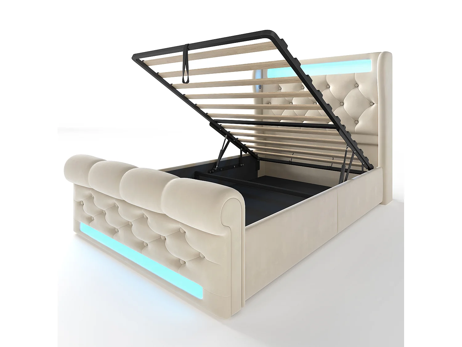 Letto contenitore in velluto beige 90x200cm con illuminazione a LED, porte USB e Type-C, contenitore idraulico