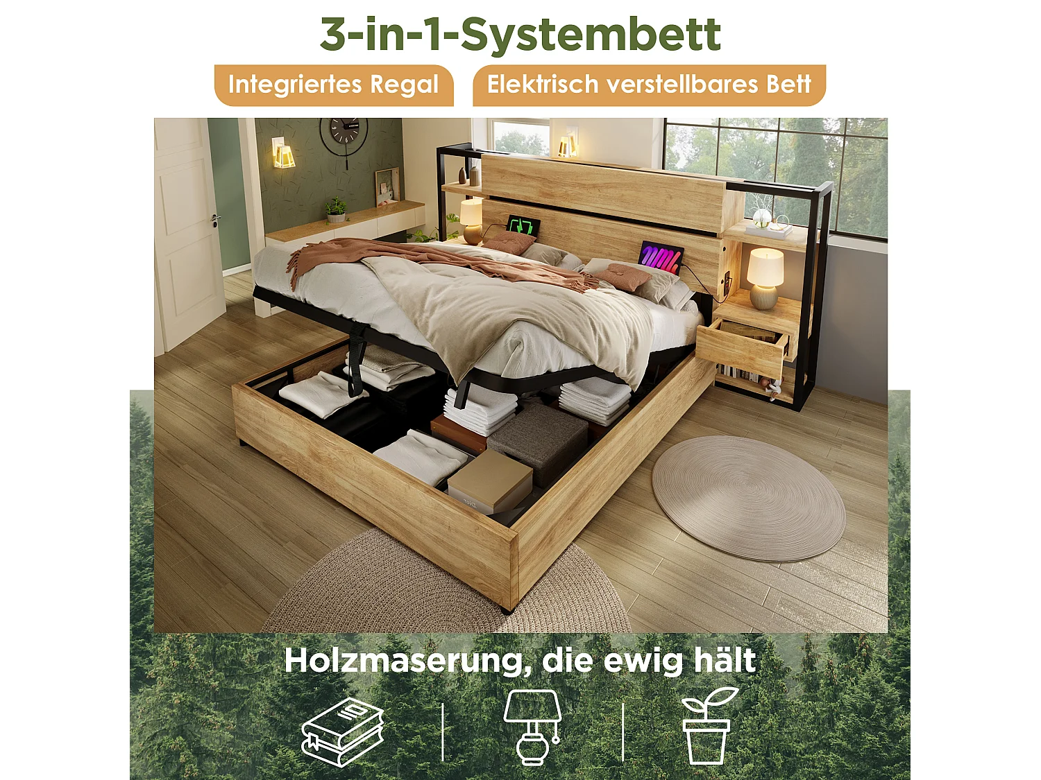 Doppelbett aus Holz mit Stauraum - 180 x 200 cm - Kopfteil mit 2 Schubladen + USB - MDF + Metall - Natur
