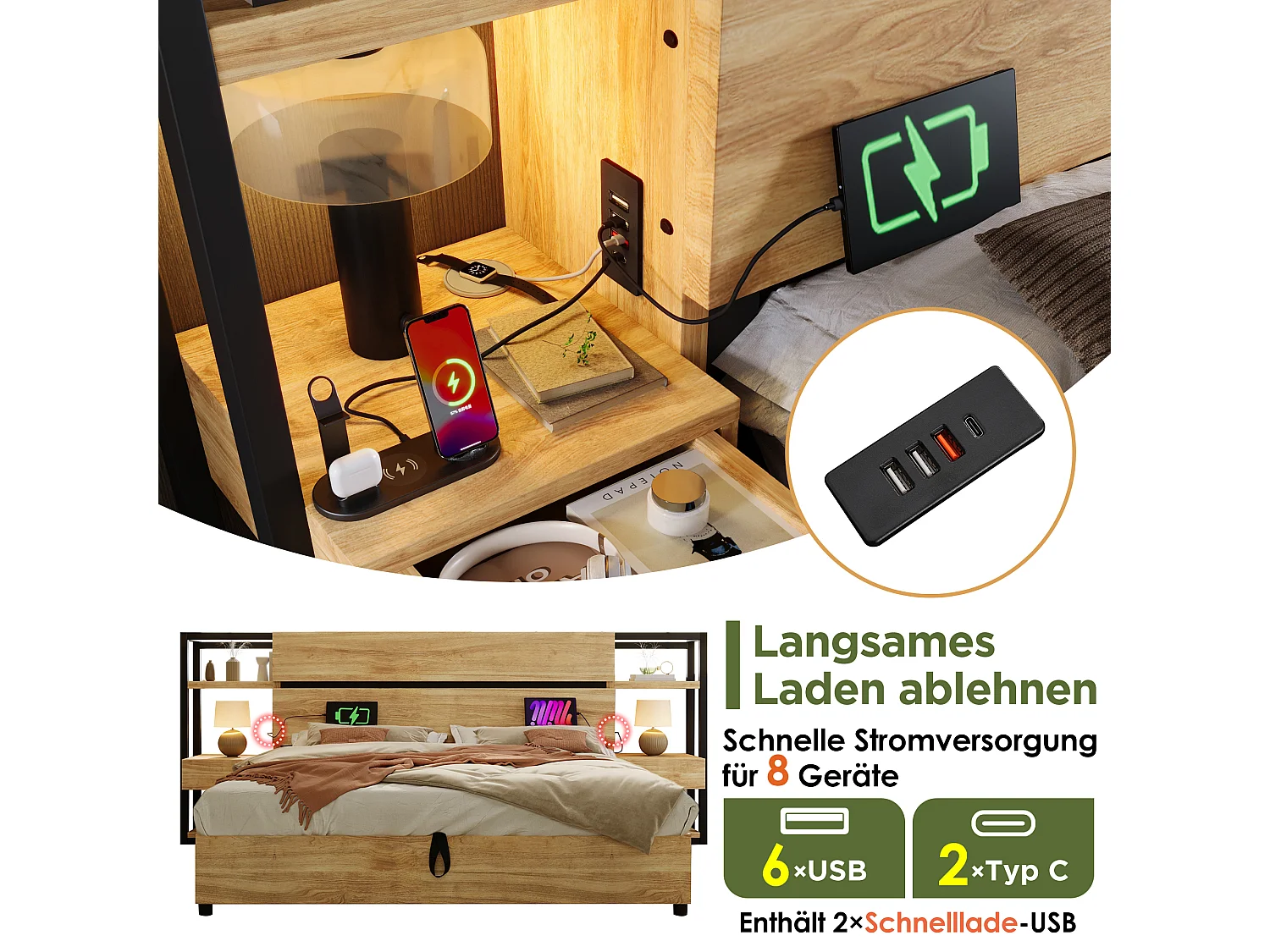 Doppelbett aus Holz mit Stauraum - 180 x 200 cm - Kopfteil mit 2 Schubladen + USB - MDF + Metall - Natur