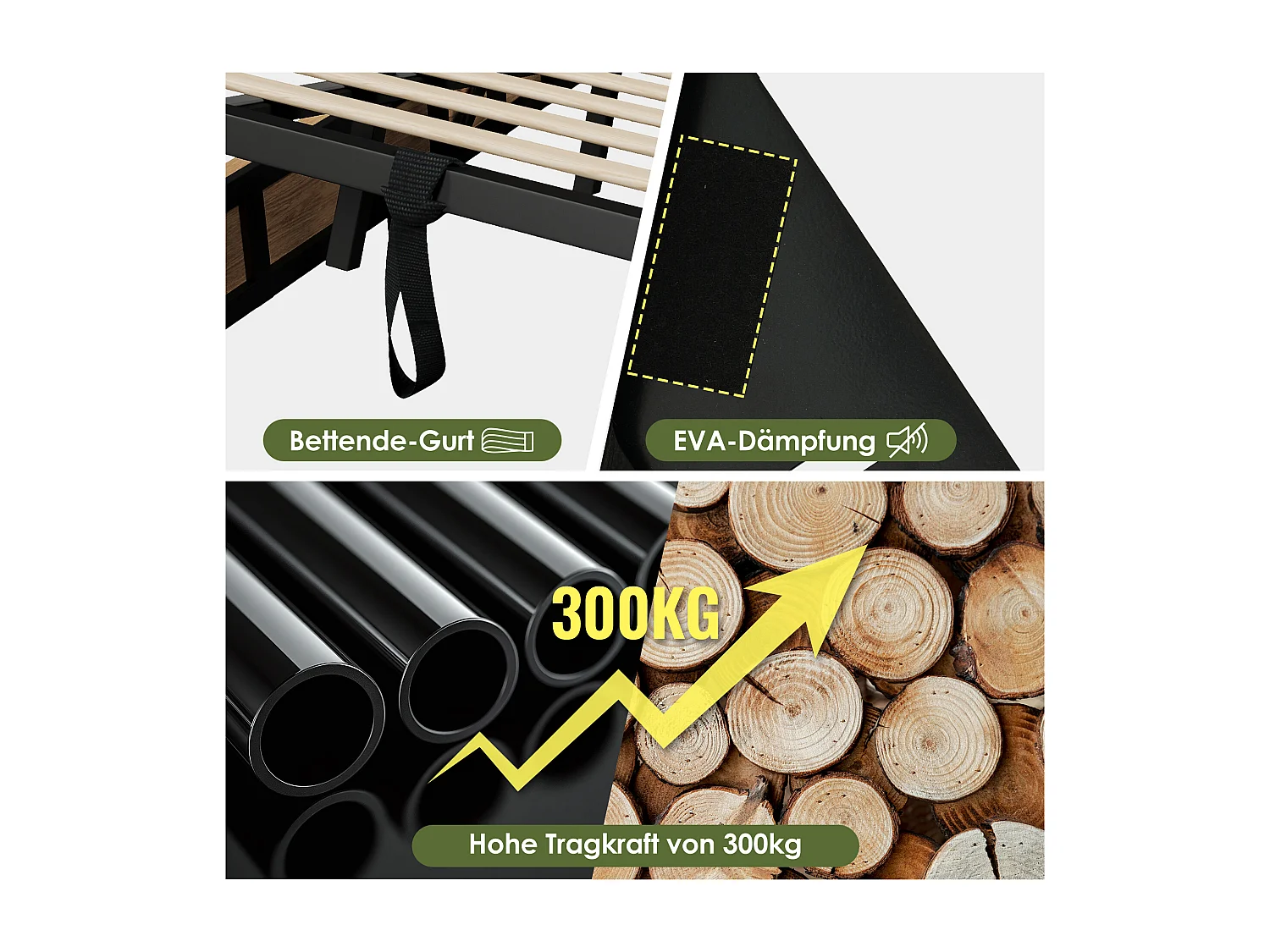 Doppelbett aus Holz mit Stauraum - 180 x 200 cm - Kopfteil mit 2 Schubladen + USB - MDF + Metall - Natur