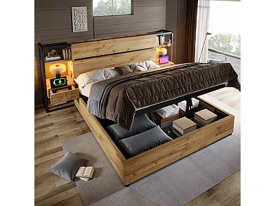 Letto contenitore matrimoniale in legno - 180 x 200 cm - testiera con 2 cassetti + USB - MDF + metallo - naturale