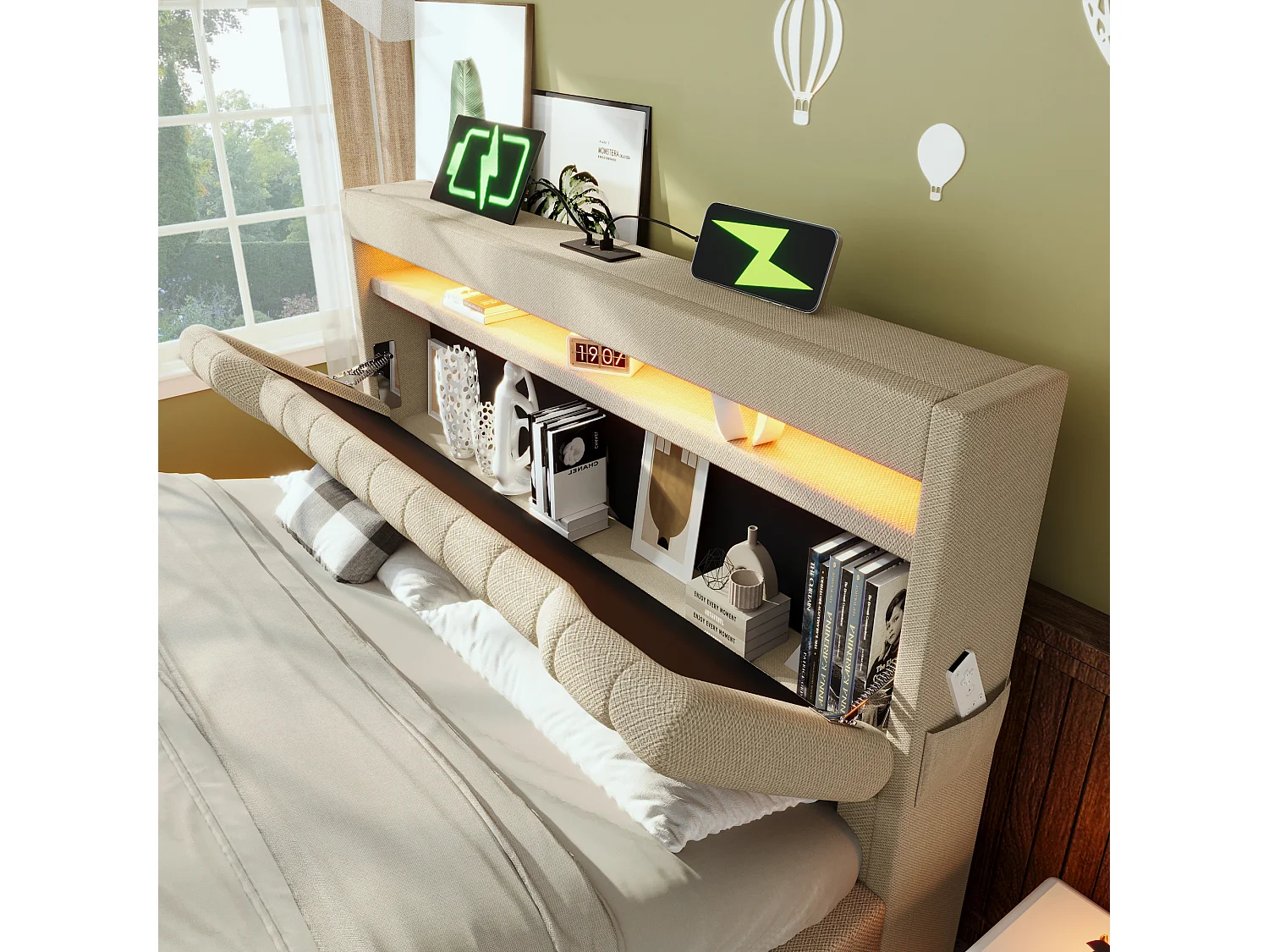 Cama con canapé de lino beige de 140x200 cm con puertos USB y Tipo C, iluminación LED y colchón