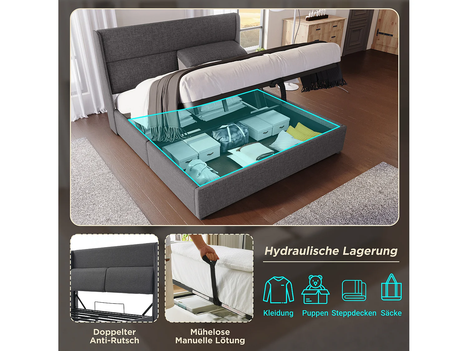 Cama doble con canapé tapizada - 160 x 200 cm - con reposacabezas ajustable - con colchón - lino - gris