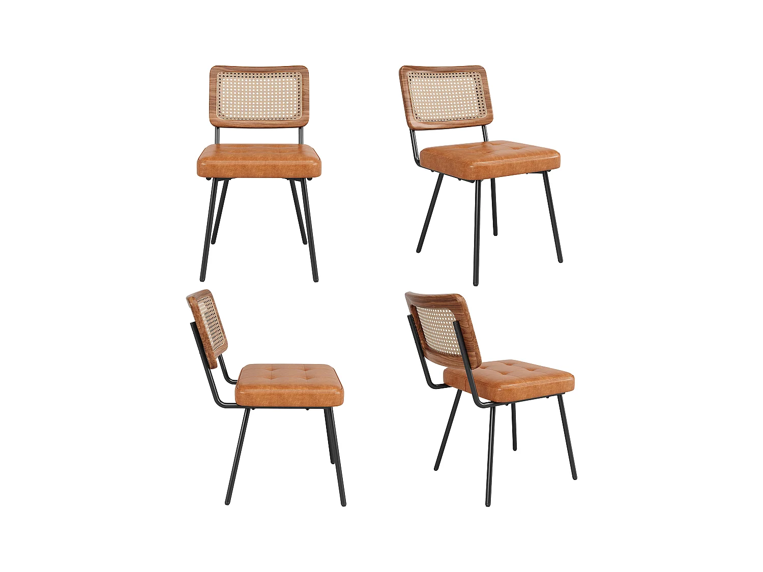 Zestaw 4 krzeseł ze sztucznej skóry – Fotel wypoczynkowy z rattanu – Fotel retro – Metal + PU – Brązowy