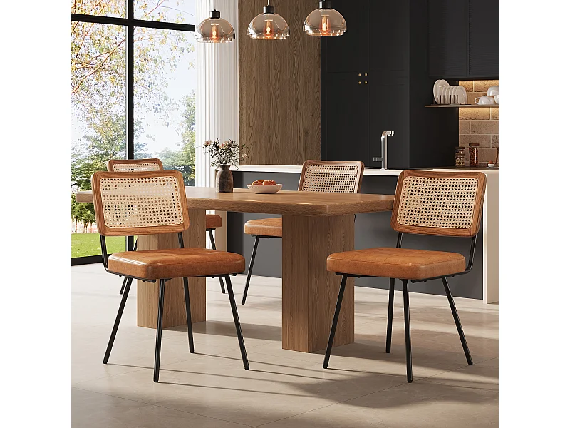 Lot de 4 chaises en similicuir - chaise longue en rotin - chaise rétro - Métal + PU - marron