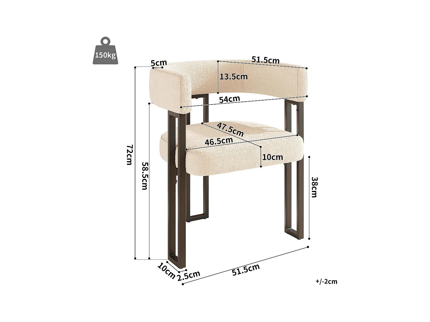 2er-Set Esszimmerstühle - 54 x 51,5 x 72 cm - geschwungene Rückenlehne - Stoff + Metall - beige