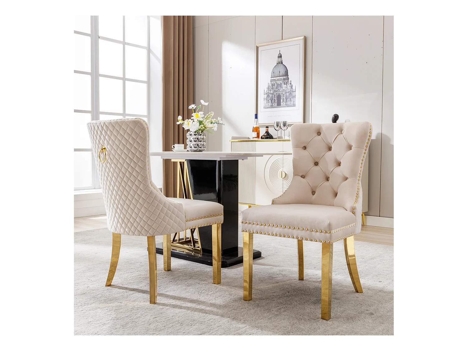 Lot de 2 chaises rembourrée - 51 x 65.5 x 95 cm - pieds en acier inoxydable plaqué or - en velours - beige