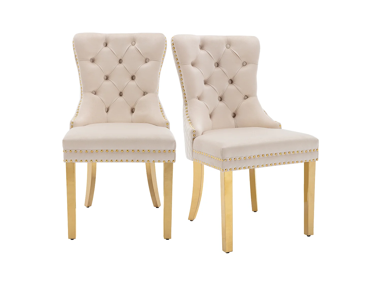 Lot de 2 chaises rembourrée - 51 x 65.5 x 95 cm - pieds en acier inoxydable plaqué or - en velours - beige