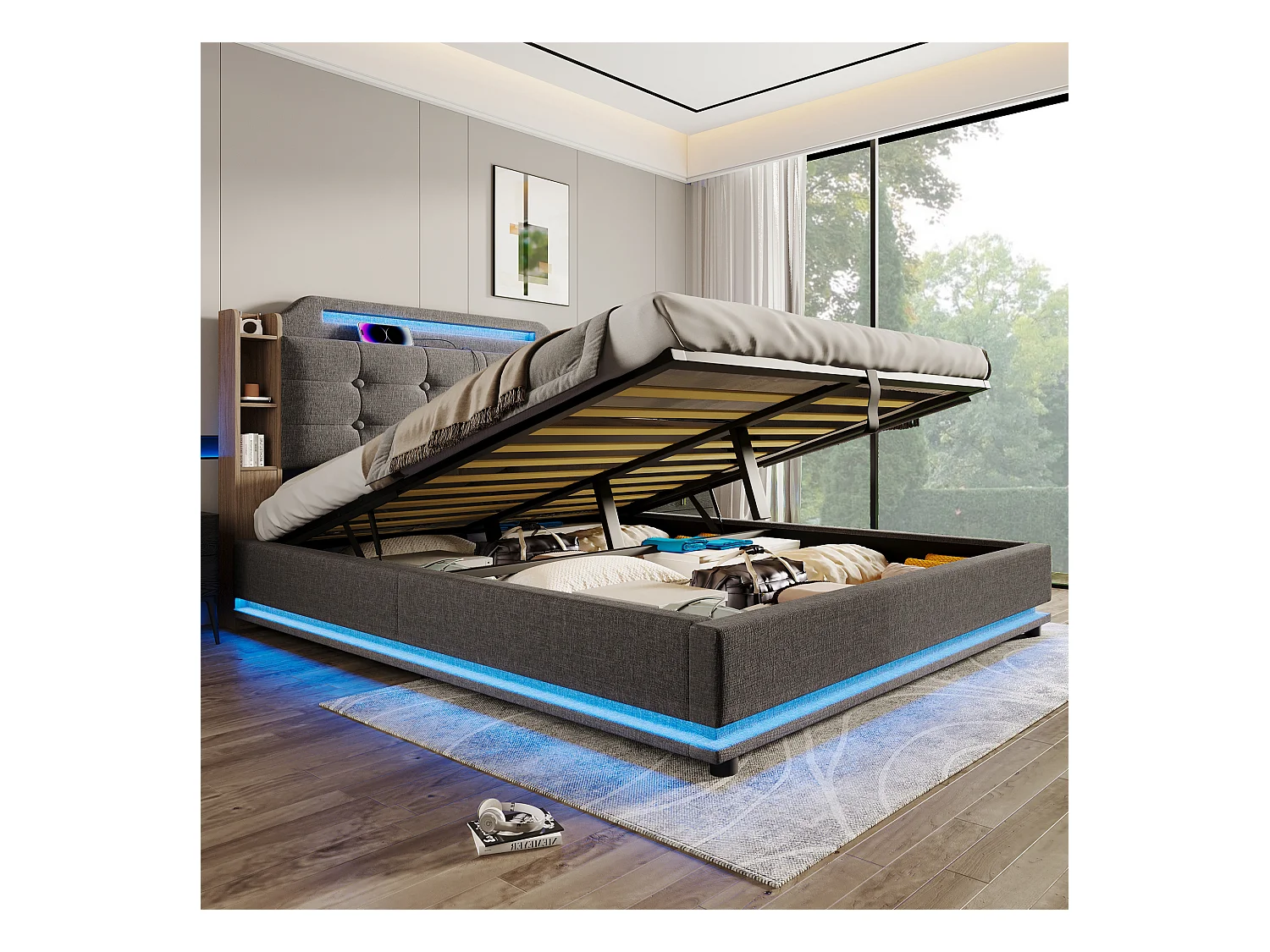 Lit coffre en lin gris 140x200cm avec éclairage LED et rangements (sans matelas)