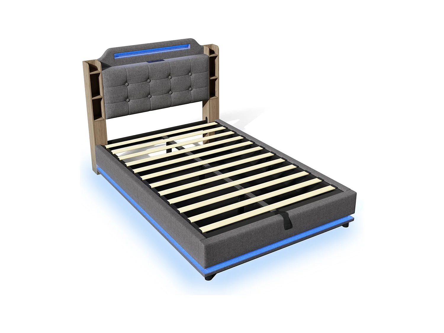 Lit coffre en lin gris 140x200cm avec éclairage LED et rangements (sans matelas)