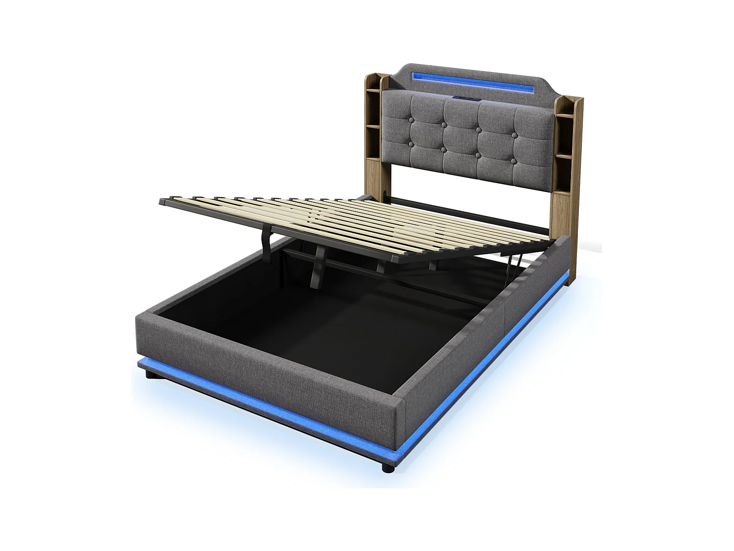 Lit coffre en lin gris 140x200cm avec éclairage LED et rangements (sans matelas)