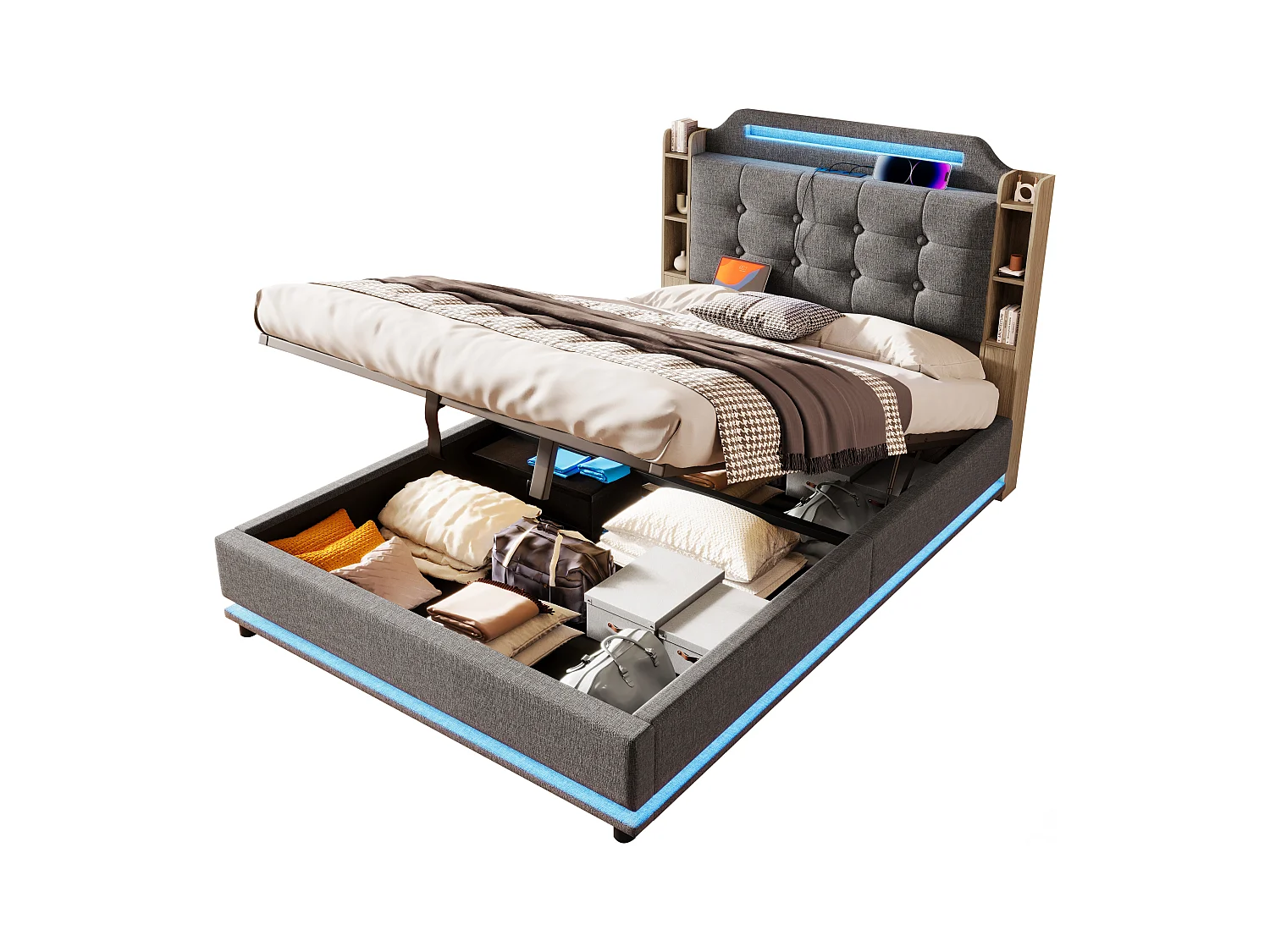 Lit coffre en lin gris 140x200cm avec éclairage LED et rangements (sans matelas)