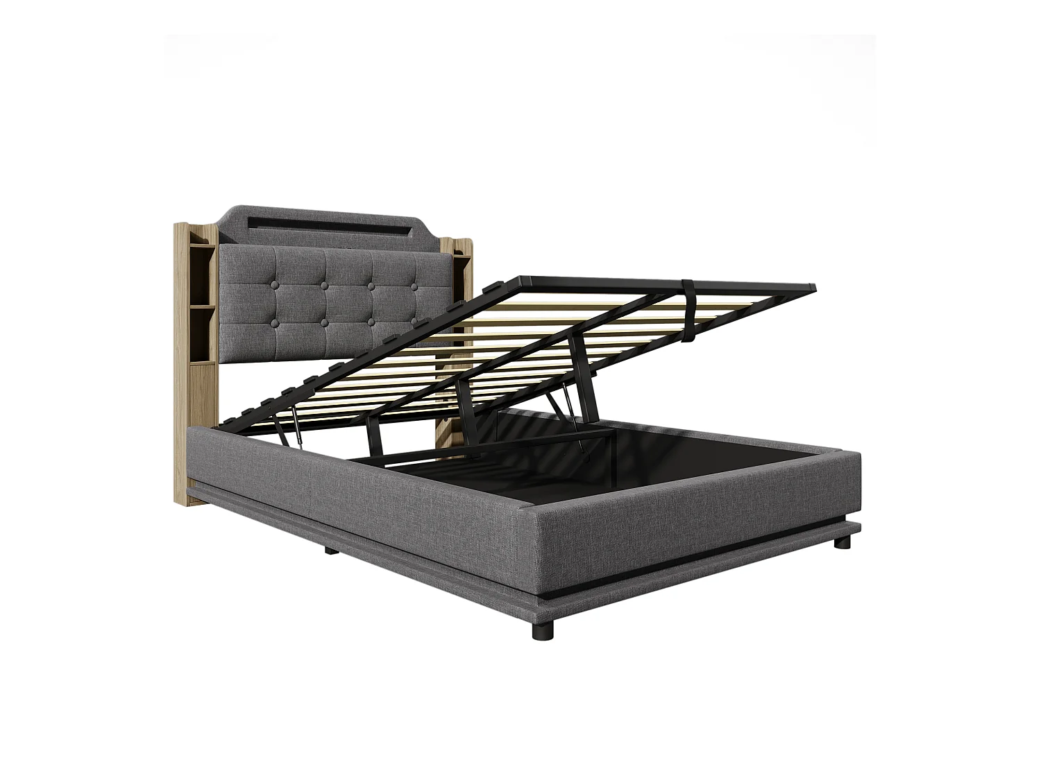 Lit coffre en lin gris 140x200cm avec éclairage LED et rangements (sans matelas)