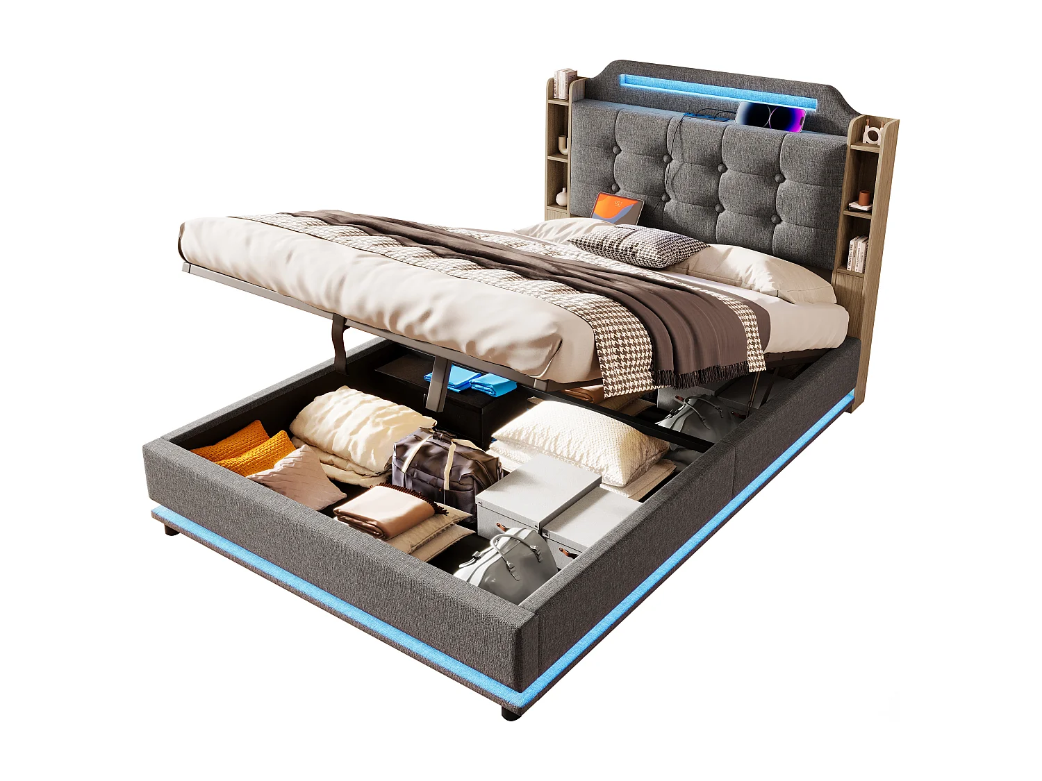 Grijs linnen opbergbed 140x200cm met LED-verlichting en opbergruimte (zonder matras)