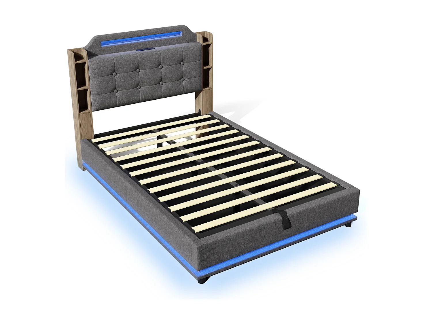 Grijs linnen opbergbed 140x200cm met LED-verlichting en opbergruimte (zonder matras)