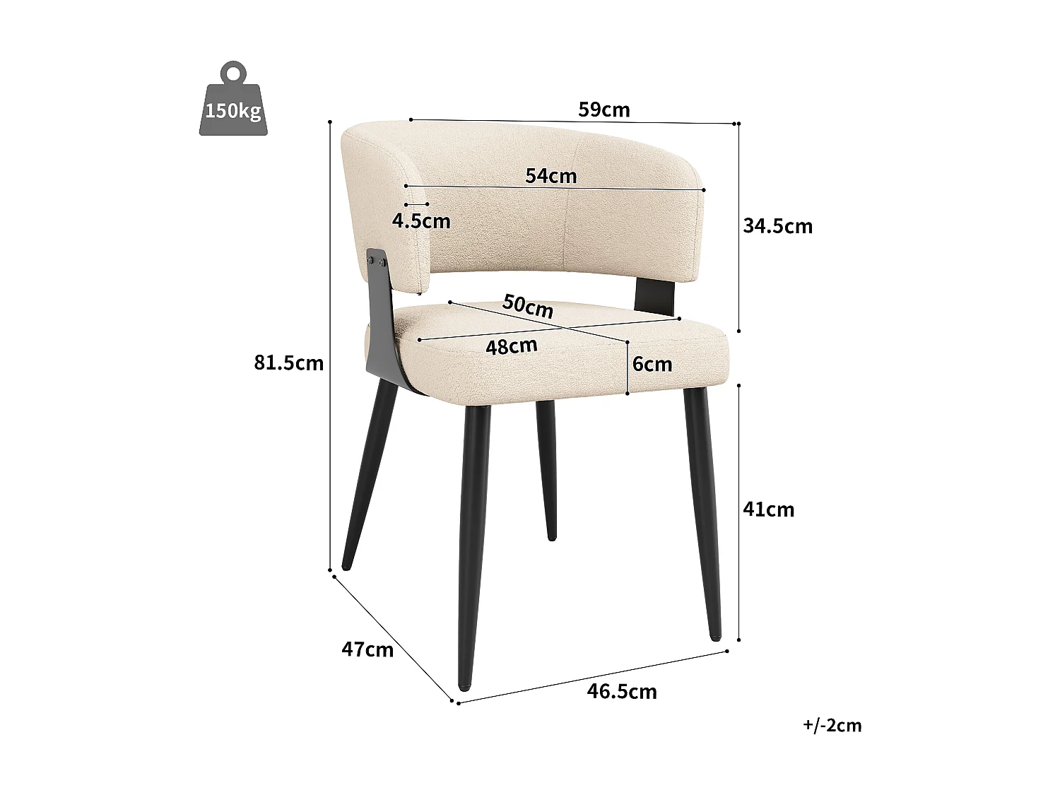 Lot de 2 chaises de salle à manger - 54 x 59 x 81.5 cm - chaise maquillage - Tissu + Métal - beige