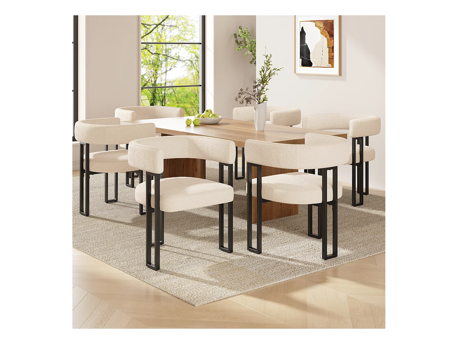 6er-Set Esszimmerstühle - 54 x 51,5 x 72 cm - geschwungene Rückenlehne - Stoff + Metall - beige