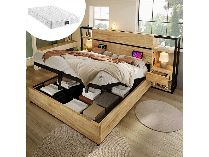 Doppelbett aus Holz mit Stauraum - 160 x 200 cm - Kopfteil mit 2 Schubladen + USB - mit Matratze - MDF + Metall - Natur