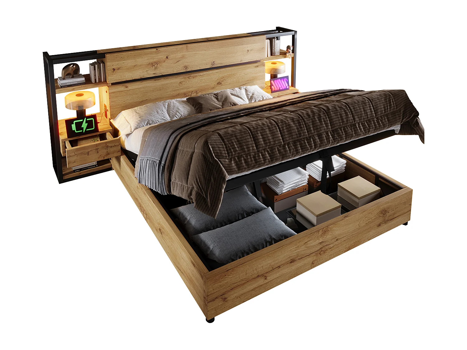 Doppelbett aus Holz mit Stauraum - 160 x 200 cm - Kopfteil mit 2 Schubladen + USB - mit Matratze - MDF + Metall - Natur