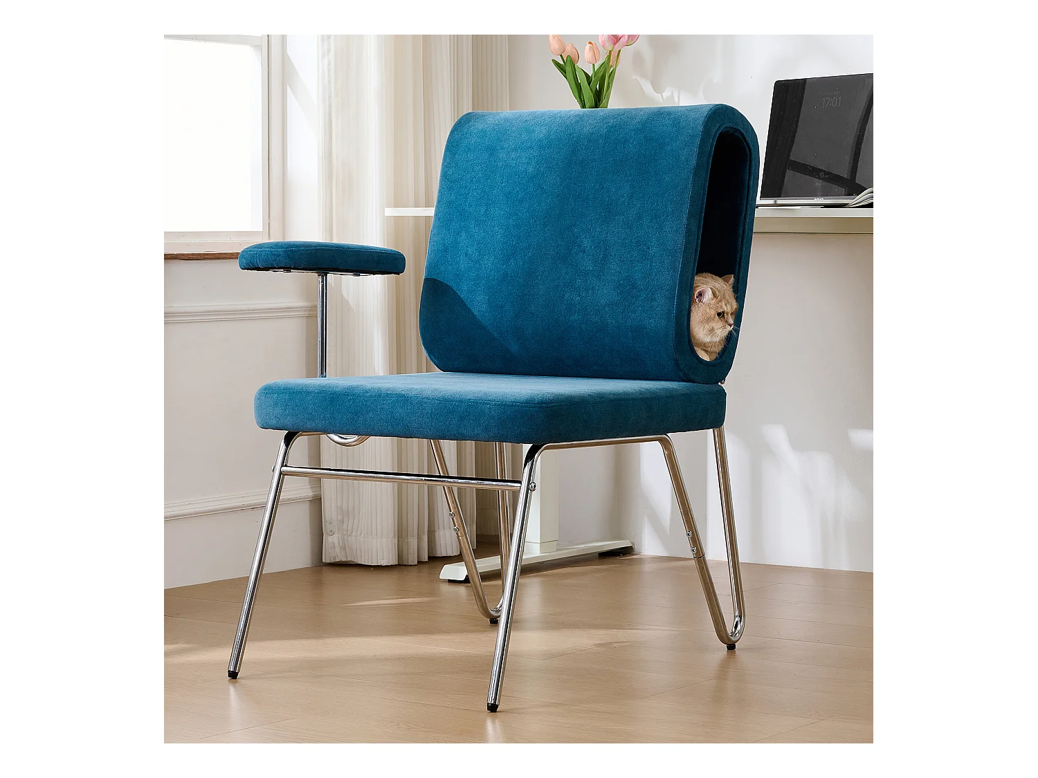 Chaise de bureau - 77 x 70 x 89 cm - avec lit pour chat intégré - accoudoirs remplaçables - Bois + Acier - bleu