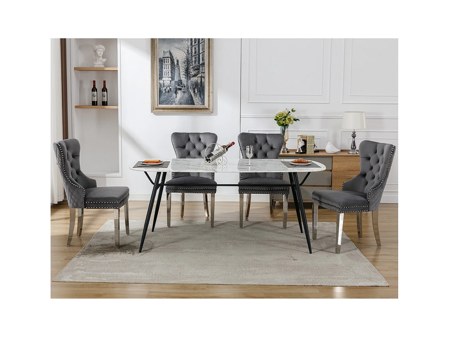 4er Set Esszimmerstühle - 53 x 62,5 x 94,5 cm - Polsterstuhl - Metallbeine - Samt - Grau