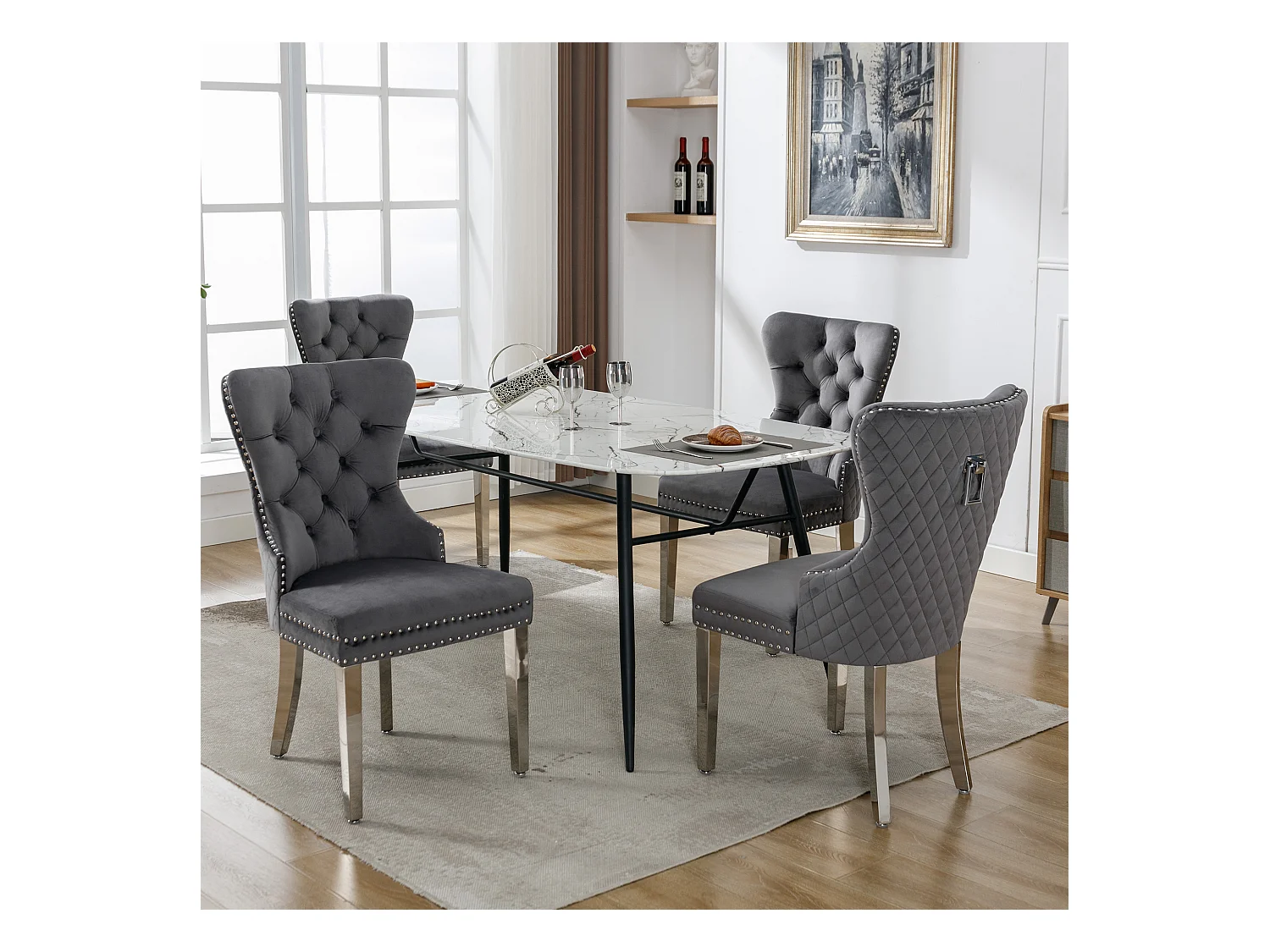 4er Set Esszimmerstühle - 53 x 62,5 x 94,5 cm - Polsterstuhl - Metallbeine - Samt - Grau