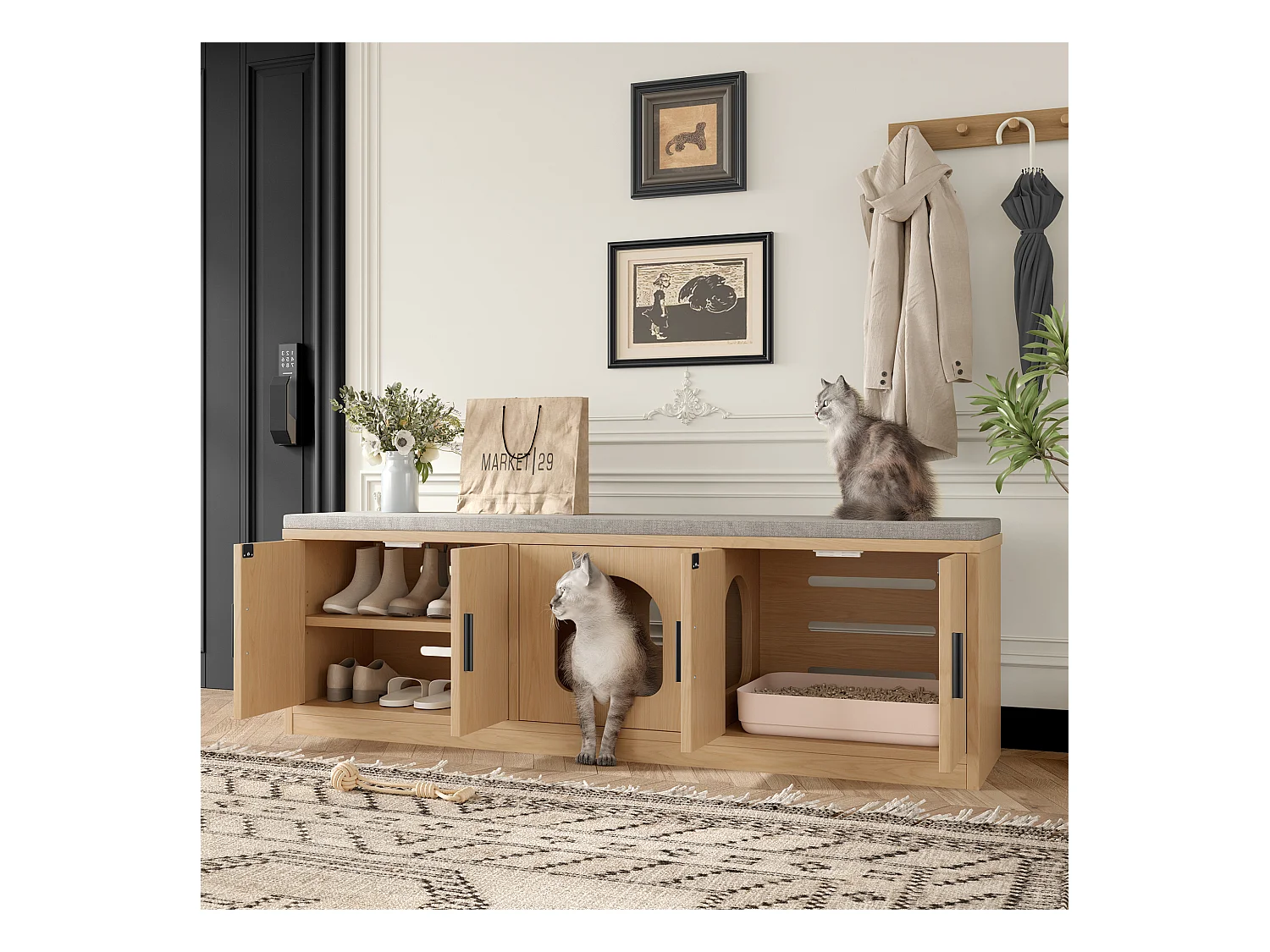 Versteckte Katzentoilette – 140 x 40 x 45,5 cm – Integrierter Kratzbaum und Belüftung – Spanplatte – Natur